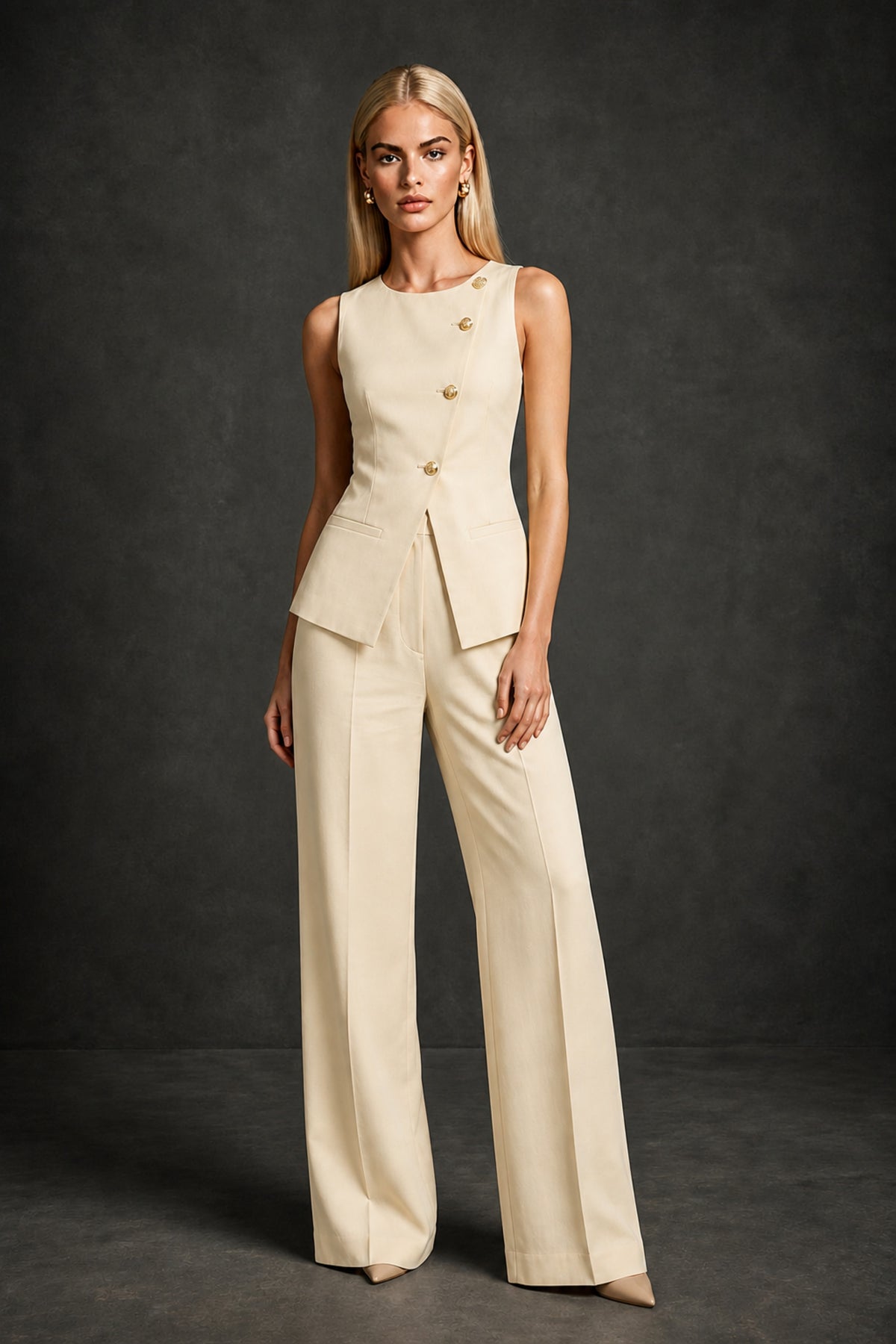 BOLODOO Champagne Sleeveless Vest Top & Wide-Leg Trousers Two-Piece Suit Set – Champagne Button Asymmetric Formal Set - Champagne