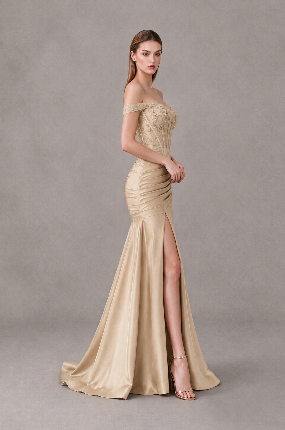 BOLODOO Champagne Off-Shoulder Corset Mermaid Prom Dress with Slit Sequin Lace Evening Gown - Champagne - Champagne_3