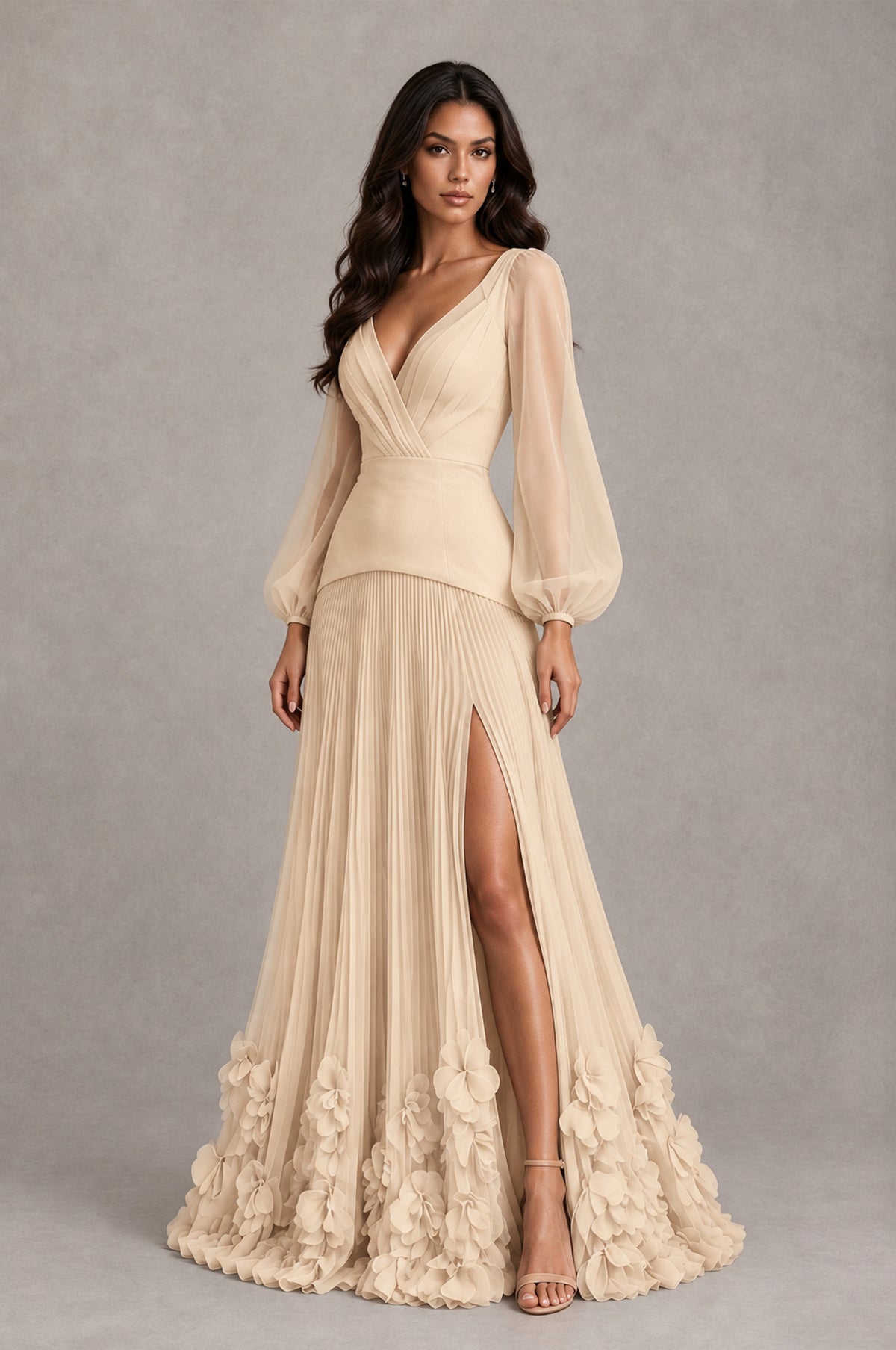 BOLODOO Champagne V-Neck Long Sleeve Pleated Floral Hem Evening Dress - Champagne - Champagne_3