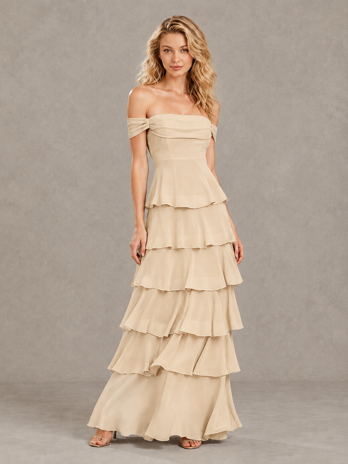BOLODOO Champagne Off-Shoulder Tiered Ruffle Bridesmaid Dress with Lace-Up Back - Champagne - Champagne_3
