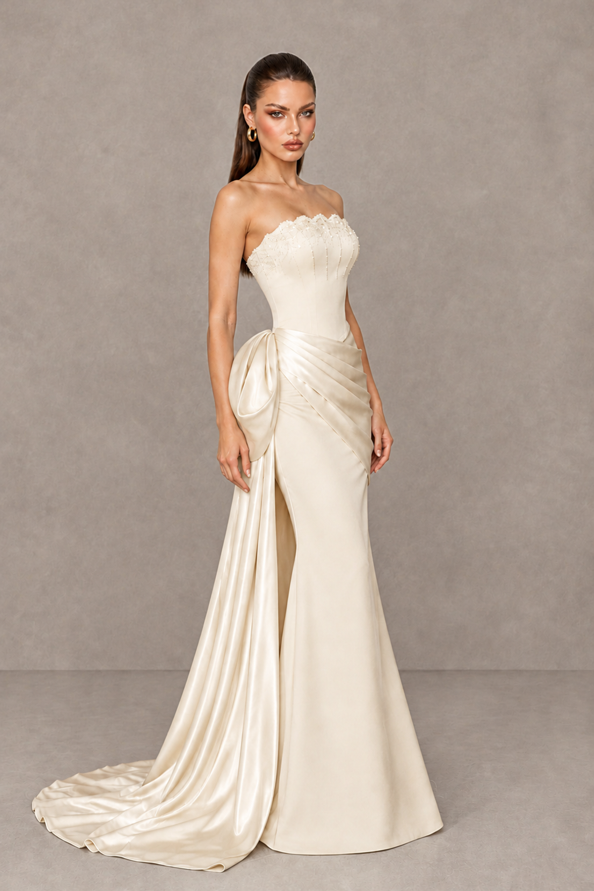BOLODOO Champagne Strapless Satin Prom Dress with Draped Side Train - Champagne - Champagne_3
