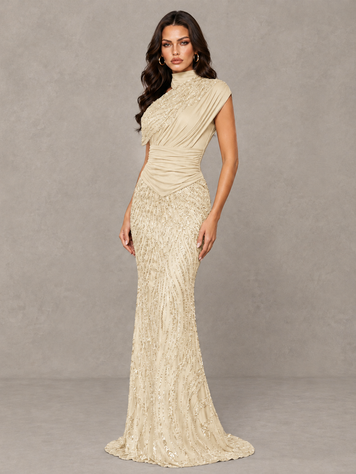 BOLODOO Champagne High Neck Draped Sequin Mermaid Evening Gown - Champagne - Champagne_3