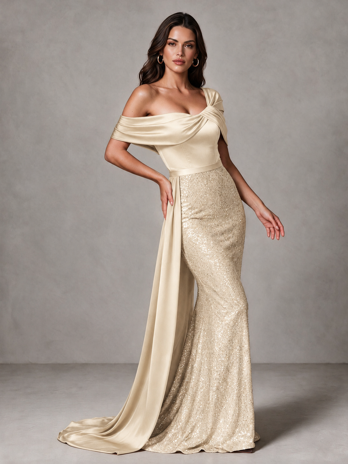 BOLODOO Champagne Sequin Mermaid Evening Dress with Off-Shoulder Satin Drape and Sweep Train - Champagne - Champagne_3