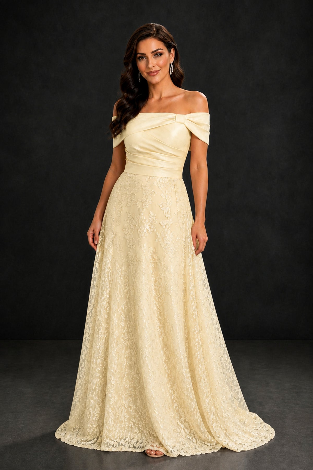 BOLODOO Champagne Lace Glitter Off Shoulder Cap Sleeve A-Line Ball Gown with Train – Formal Evening Dress - Champagne