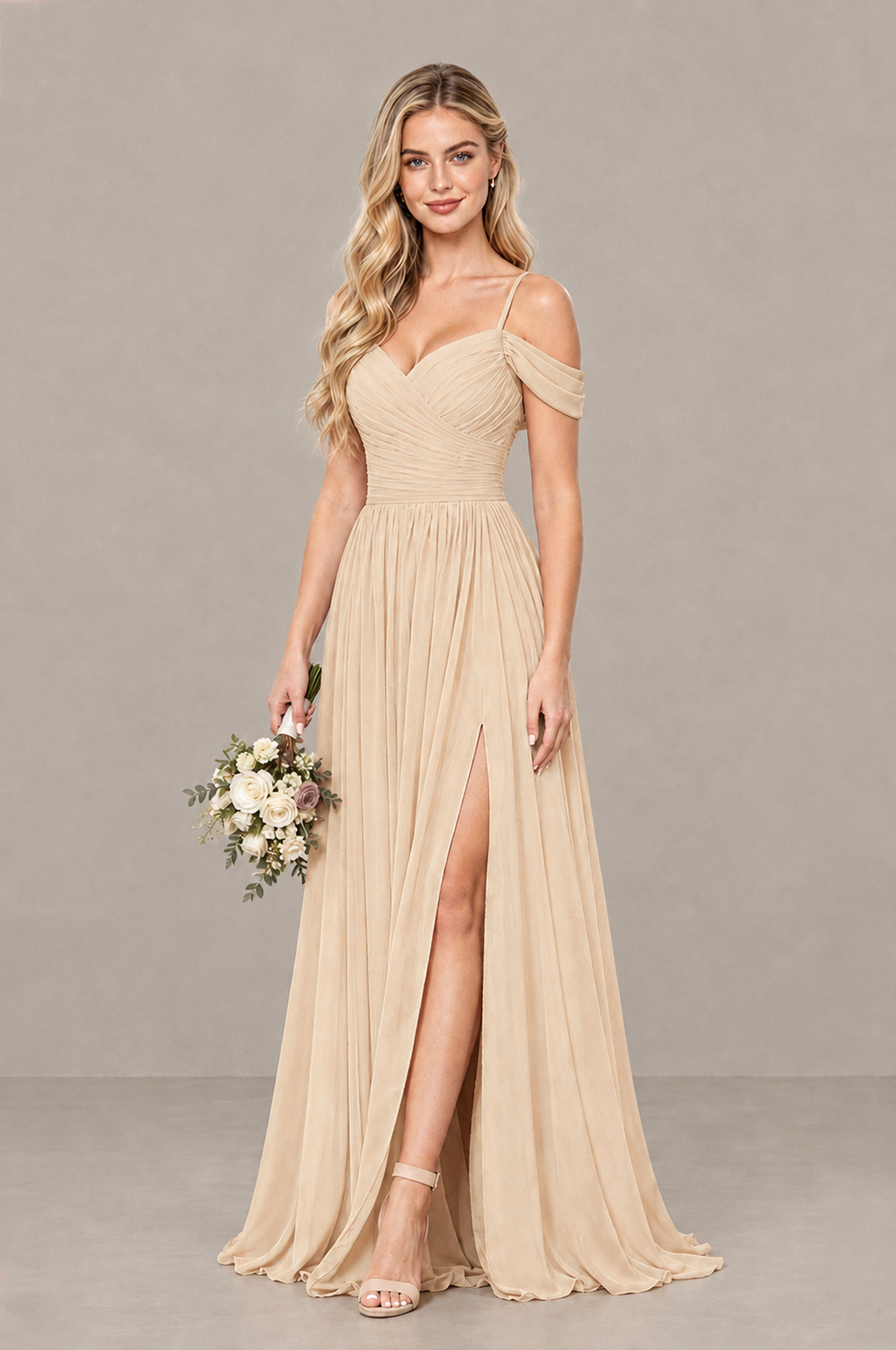 BOLODOO Champagne Off-Shoulder Bridesmaid Dress with Slit - Champagne