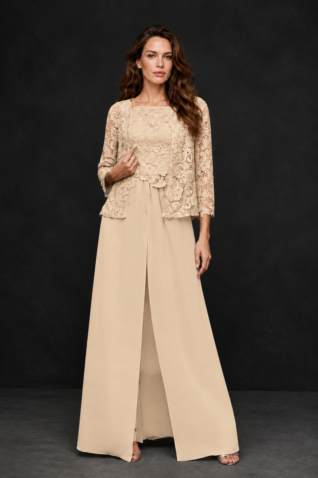 BOLODOO Champagne Grey Lace Peplum Top & Wide-Leg Chiffon Pants Set | Mother of the Bride & Formal Evening Outfit - Champagne