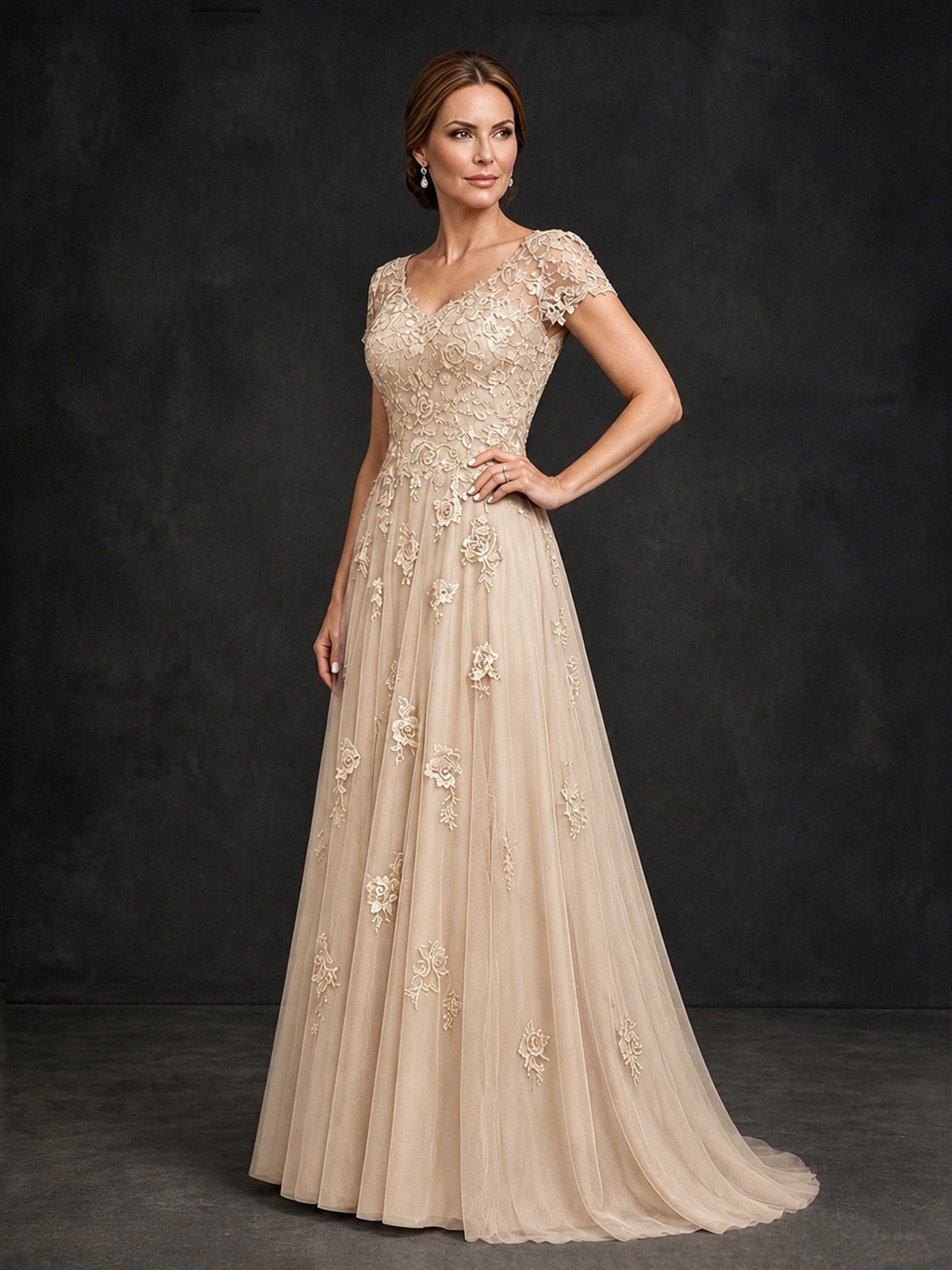 BOLODOO Champagne Cap Sleeve Lace Appliqué A-Line Formal Gown | Mother of the Bride Dress - Champagne - Champagne_3