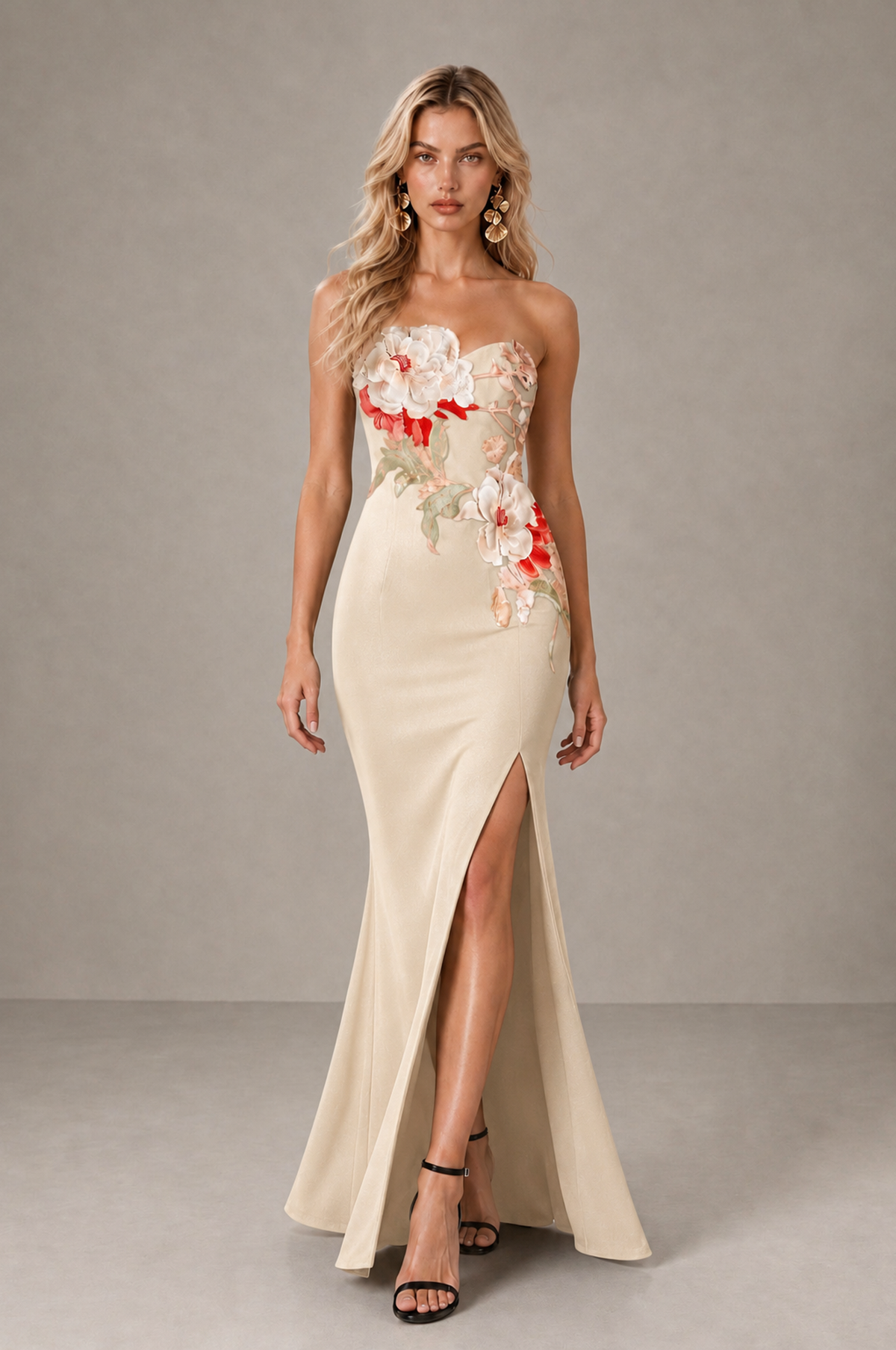 BOLODOO Champagne Strapless Floral Mermaid Evening Dress with Slit - Champagne - Champagne_3