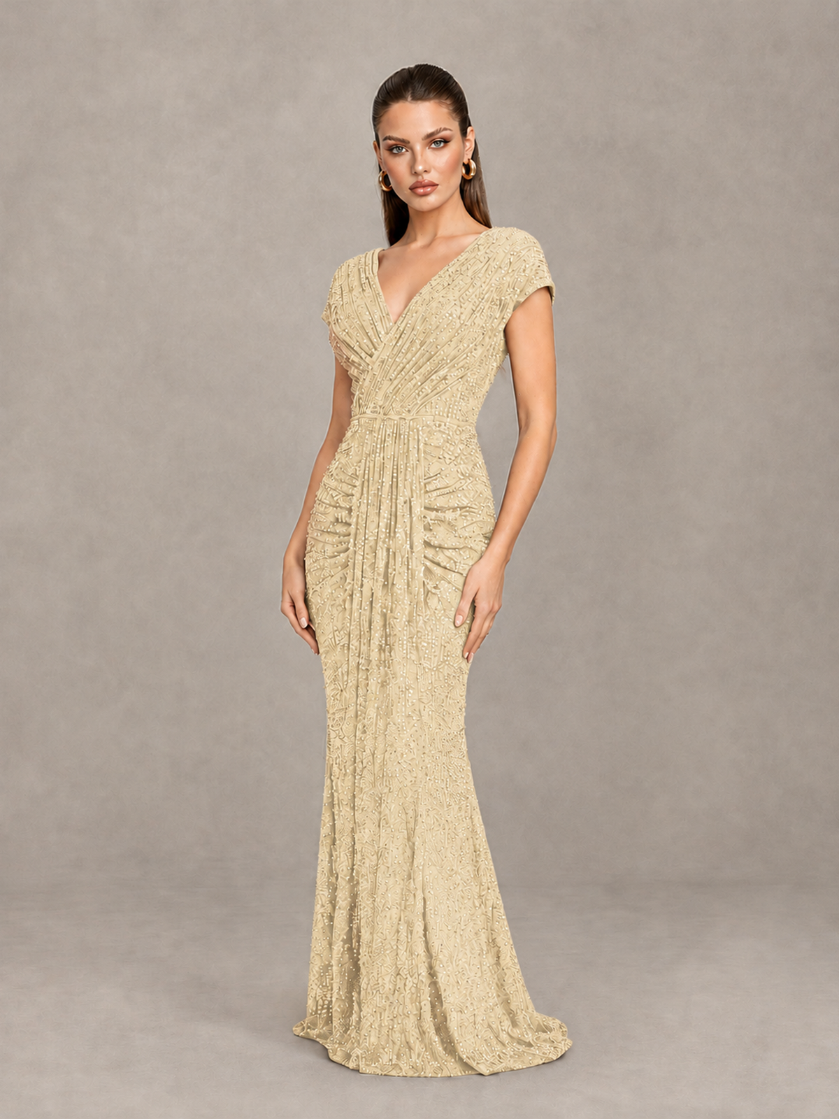 BOLODOO Champagne Glitter V-Neck Cap Sleeve Ruched Mermaid Evening Gown - Champagne - Champagne_3