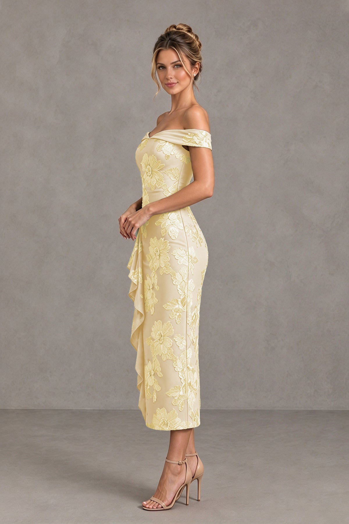 BOLODOO Champagne Off Shoulder Floral Jacquard Midi Dress - Champagne - Champagne(3)