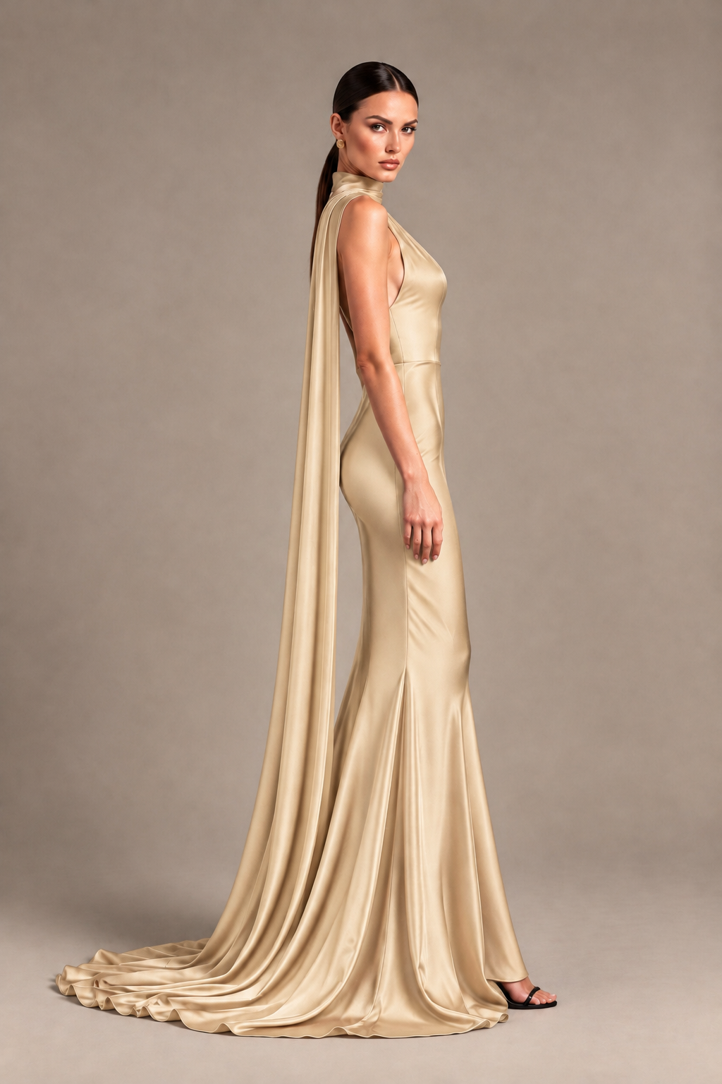 BOLODOO Champagne One-Shoulder Satin Mermaid Evening Dress with Scarf - Champagne - Champagne_3