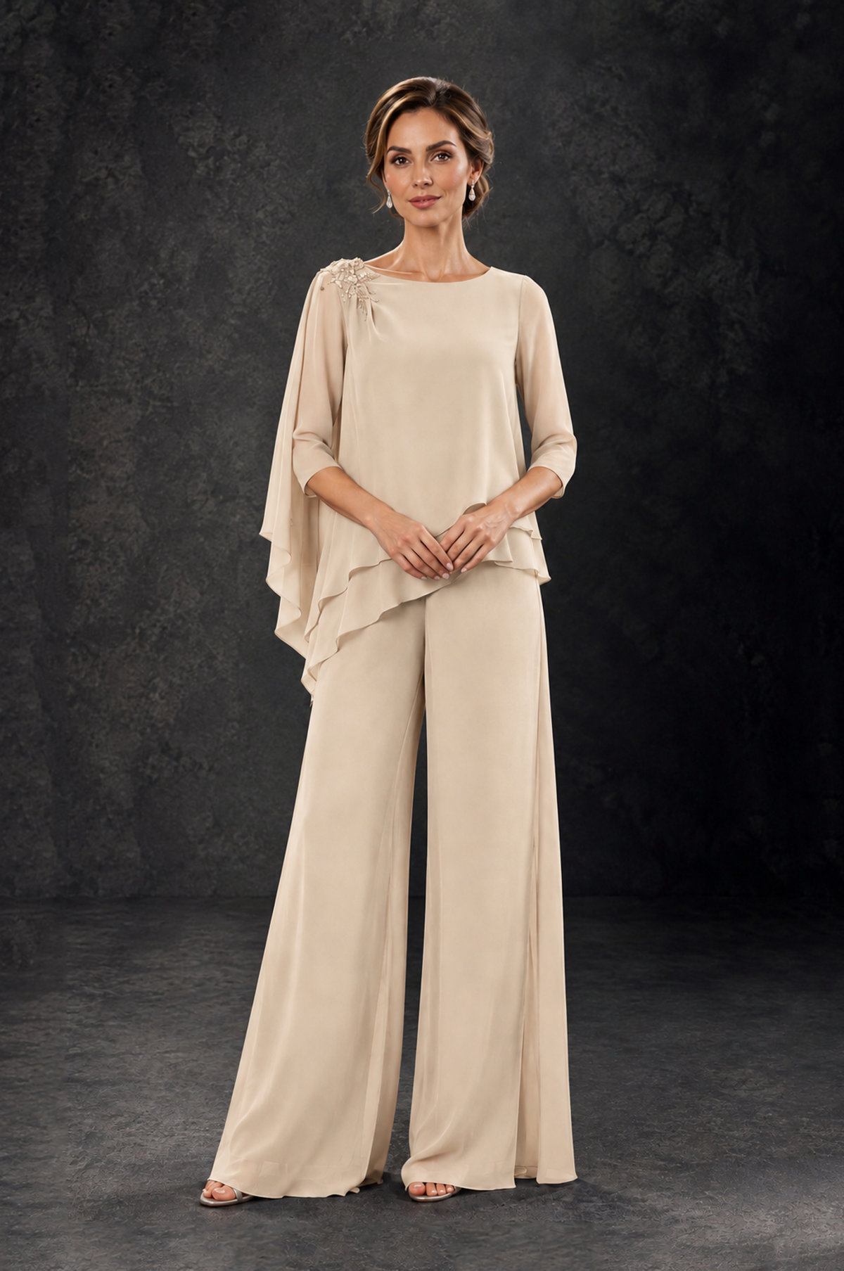 BOLODOO Champagne Layered Wide-Leg Mother of the Bride Pant Suit - Champagne - Champagne_3
