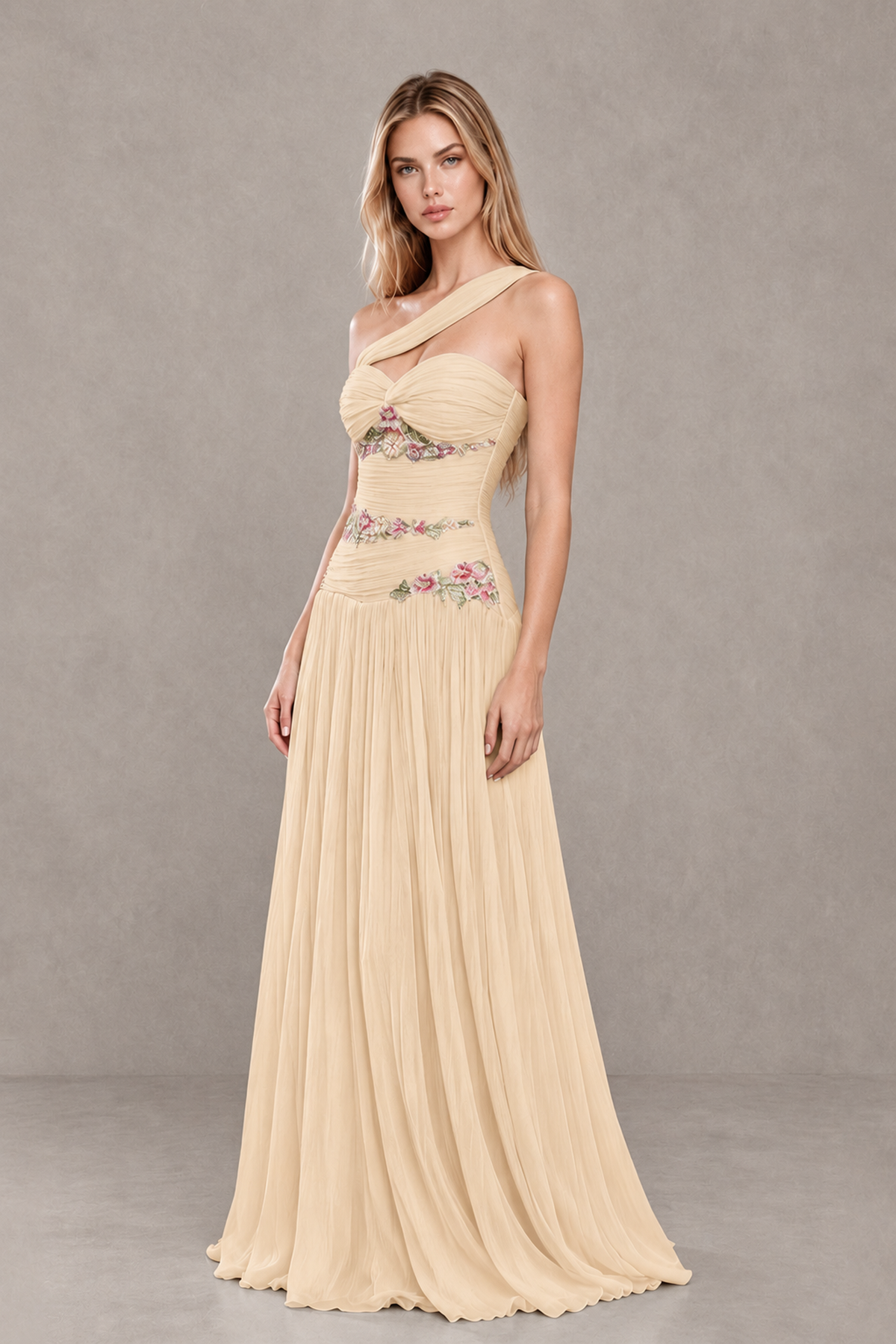 BOLODOO Champagne One-Shoulder Floral Applique A-Line Evening Dress - Champagne - Champagne_3