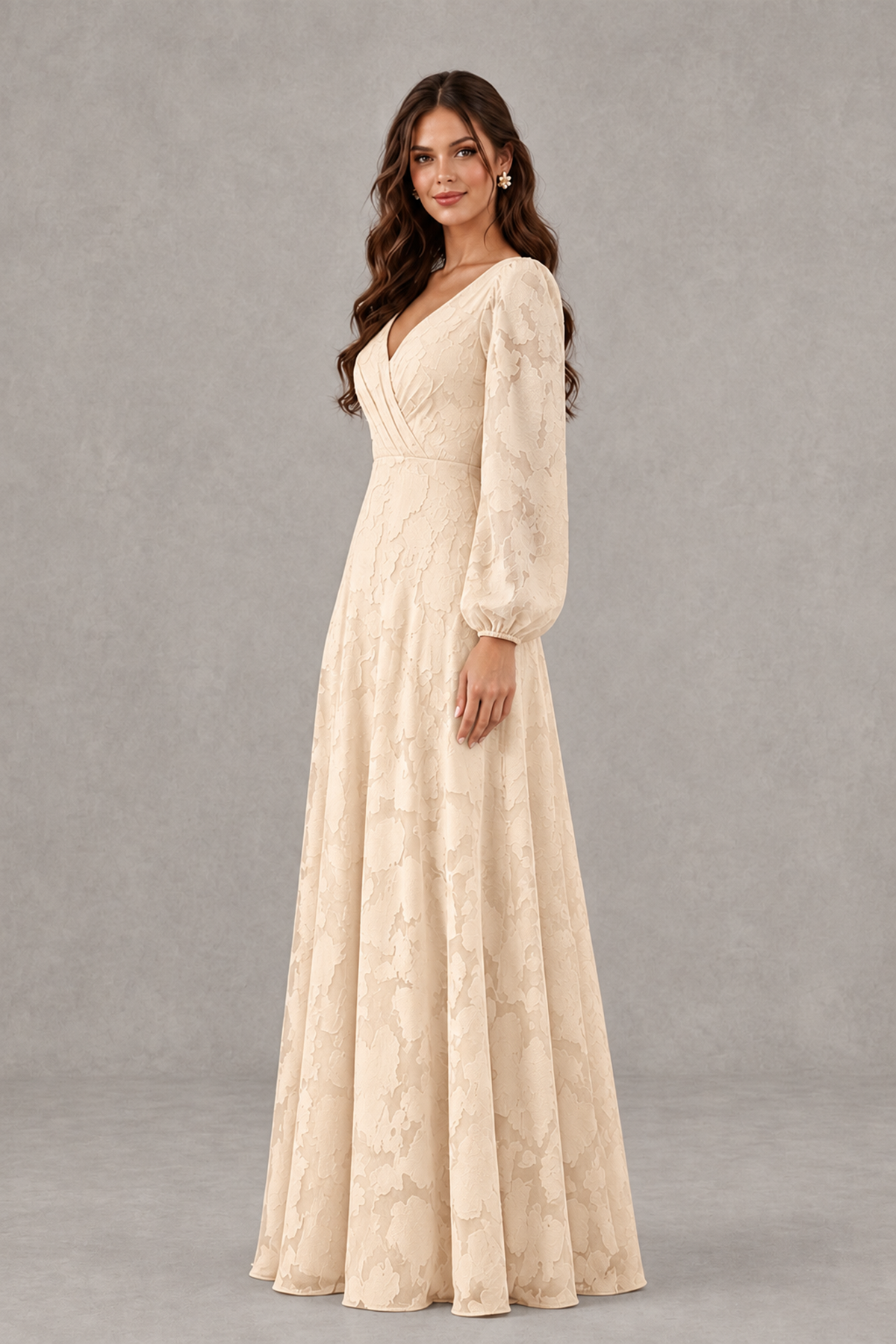 BOLODOO Champagne Long Sleeve V-Neck A-Line Mother of the Bride Dress - Champagne - Champagne_3