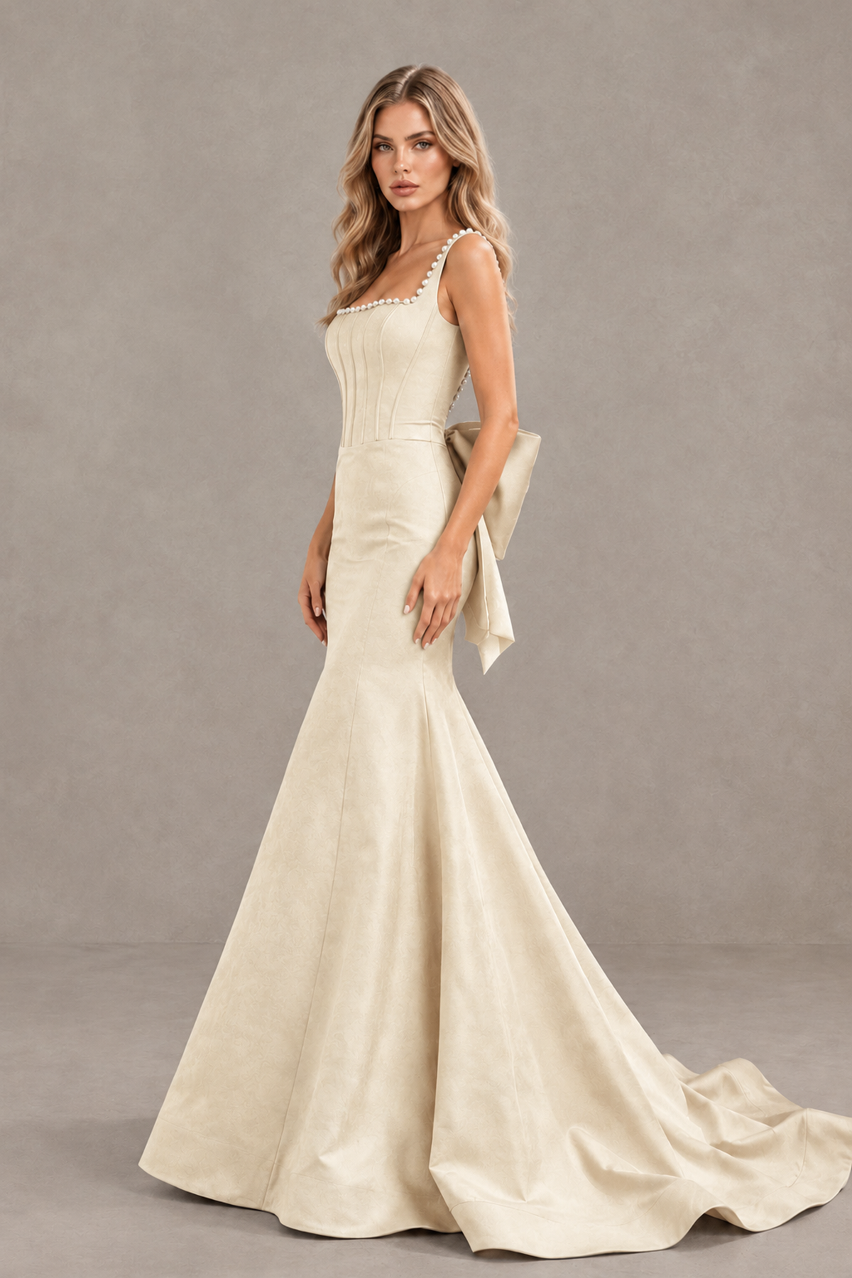 BOLODOO Champagne Pearl-Trim Mermaid Prom Dress with Back Bow - Champagne - Champagne_3