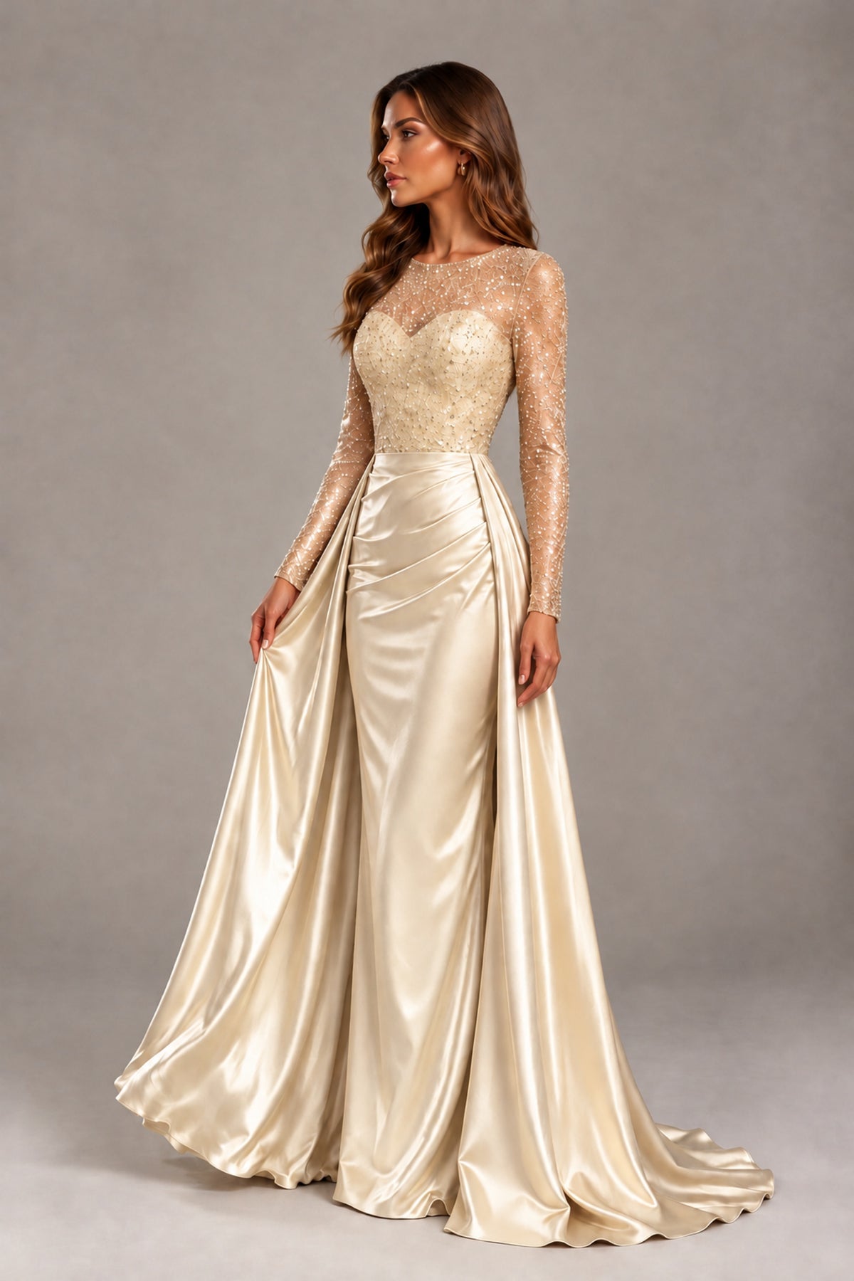 BOLODOO Champagne Long Sleeve Embellished Satin Evening Gown with Sweep Train - Champagne - Champagne_3