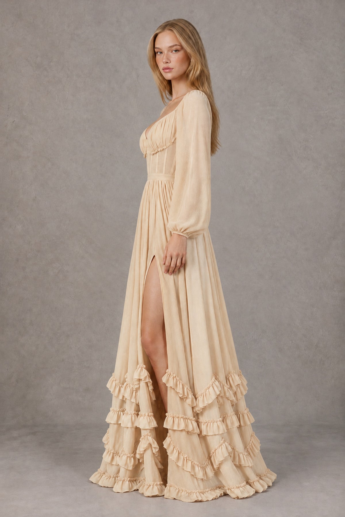 Champagne Long-Sleeve Ruffle Maxi Dress with Lace-Up Back and Slit - Champagne