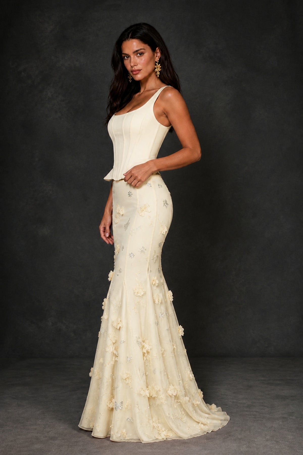 BOLODOO Champagne Peplum Corset Top & 3D Floral Mermaid Skirt Two-Piece Set – Lace-Up Back Formal Gown - Champagne
