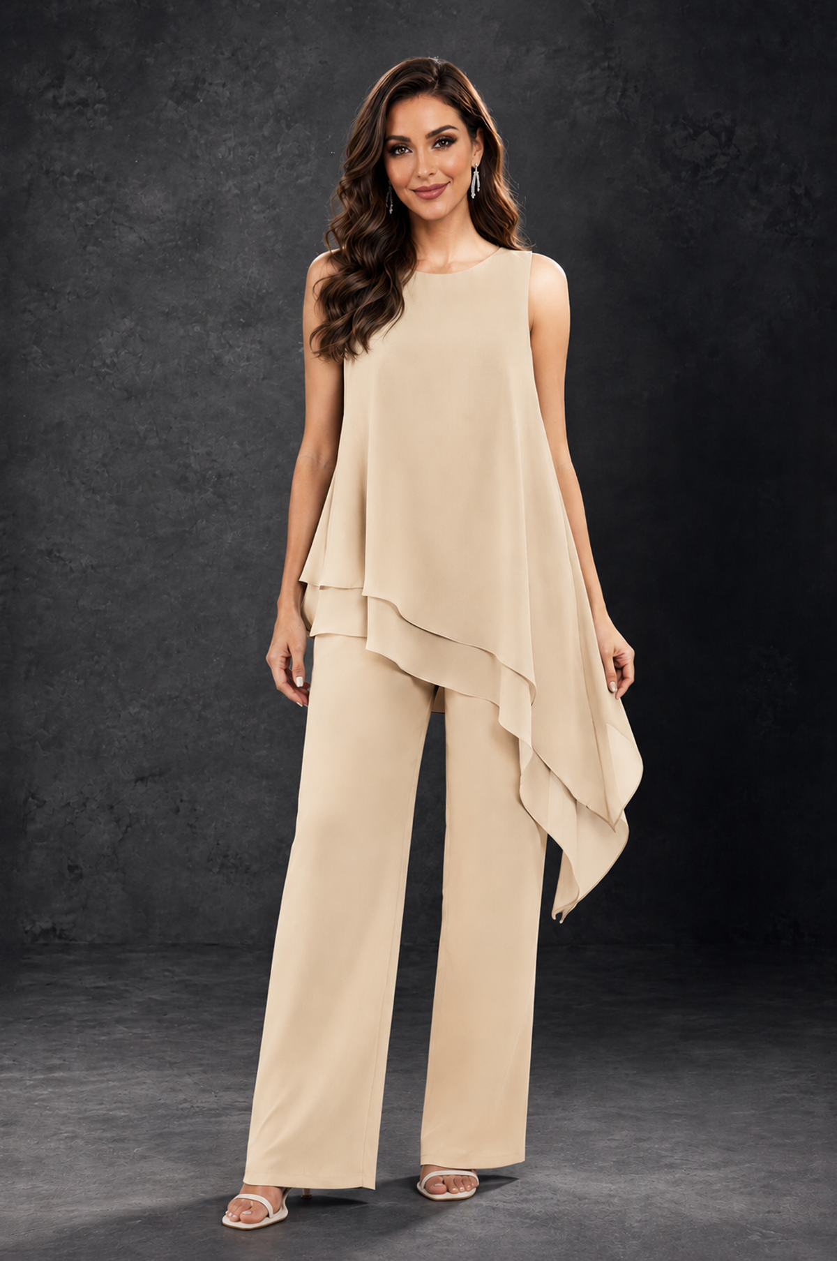 BOLODOO Champagne Layered Mother of the Bride Pantsuit with Jacket - Champagne - Champagne_3