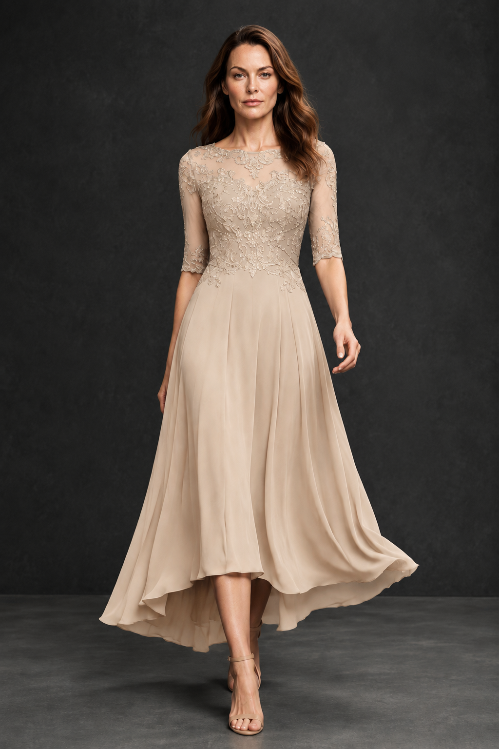 BOLODOO Champagne Illusion Lace 3/4 Sleeve Hi-Lo Chiffon A-Line Dress | Mother of the Bride Tea Length Dress - Champagne
