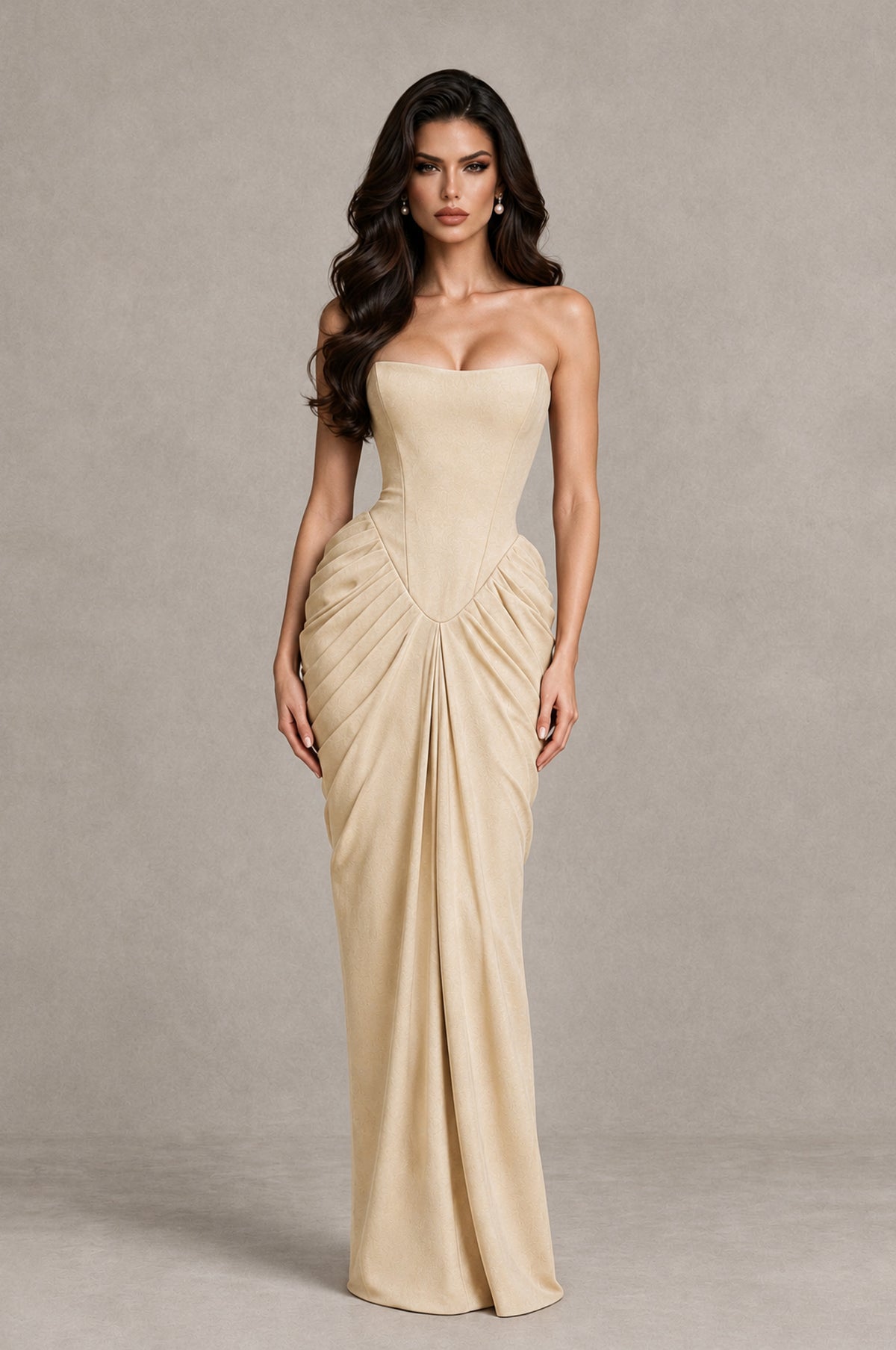 BOLODOO Champagne Strapless Ruched Corset Evening Gown - Champagne - Champagne_3
