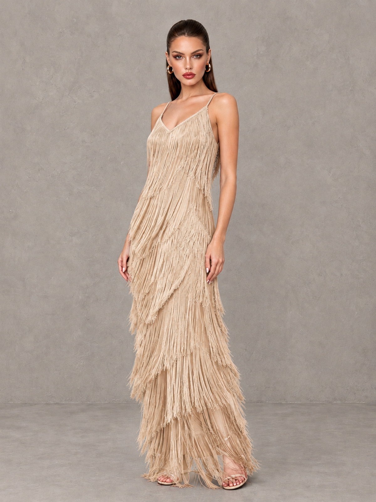 BOLODOO Champagne V-Neck Spaghetti Strap Fringe Maxi Evening Dress - Champagne - Champagne_3