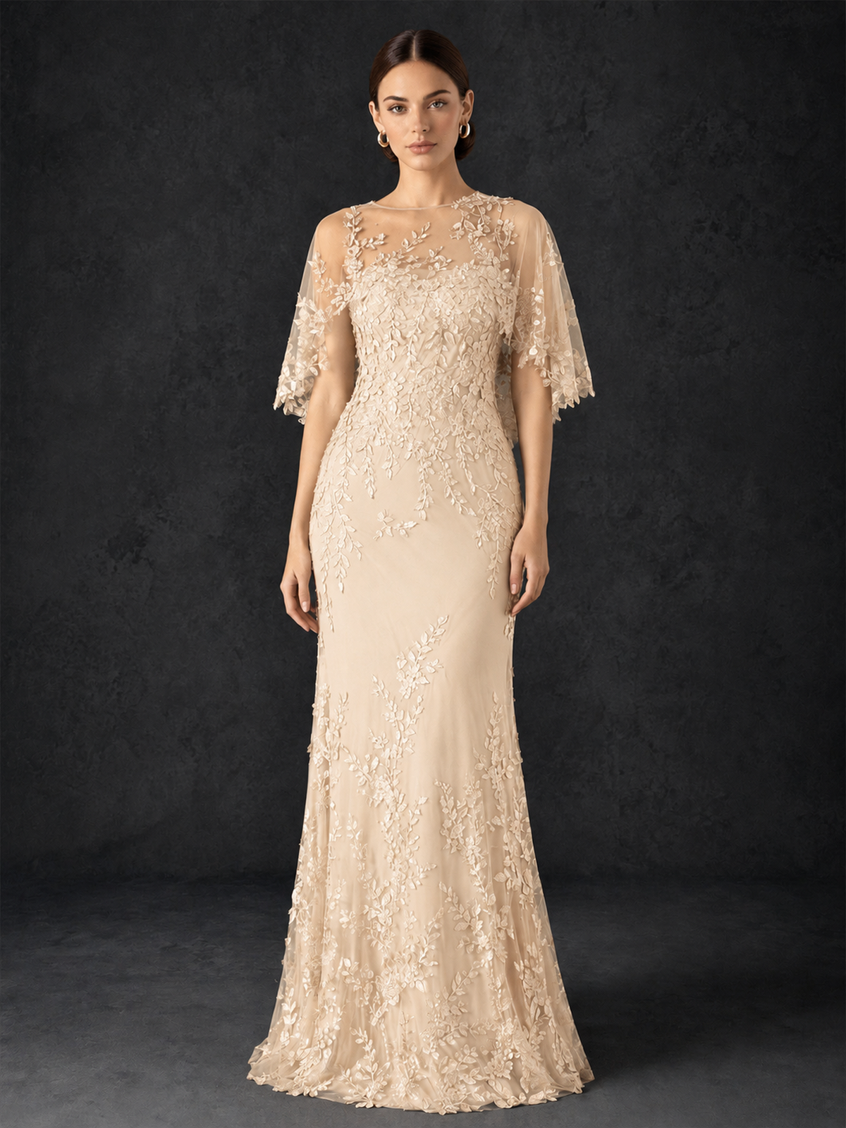 BOLODOO Mocha Champagne Botanical Lace Flutter Sleeve Mermaid Gown - Champagne