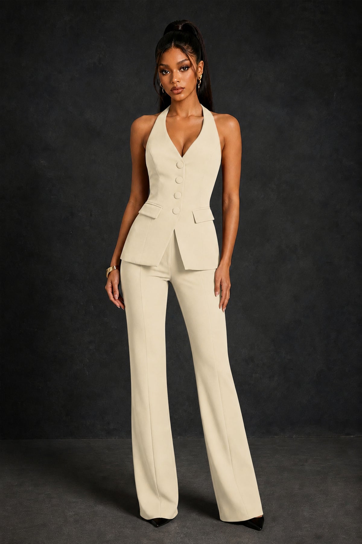 BOLODOO Champagne Halter Neck Deep V Open Back– Formal Suit with Wide-Leg Pants - Champagne
