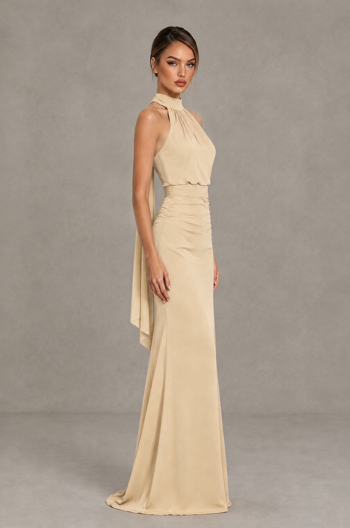 BOLODOO Champagne Chiffon Halter Maxi Formal Wedding Guest Dress - Champagne - Champagne_3