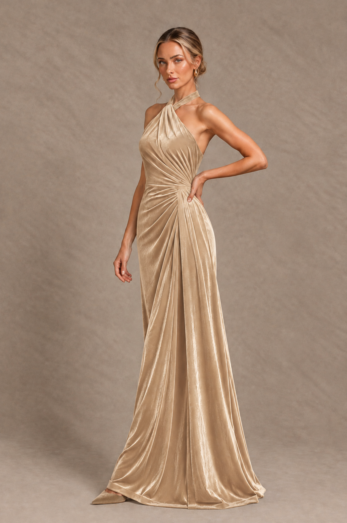 BOLODOO Champagne Velvet Halter Open-Back Ruched Evening Dress - Champagne - Champagne_3
