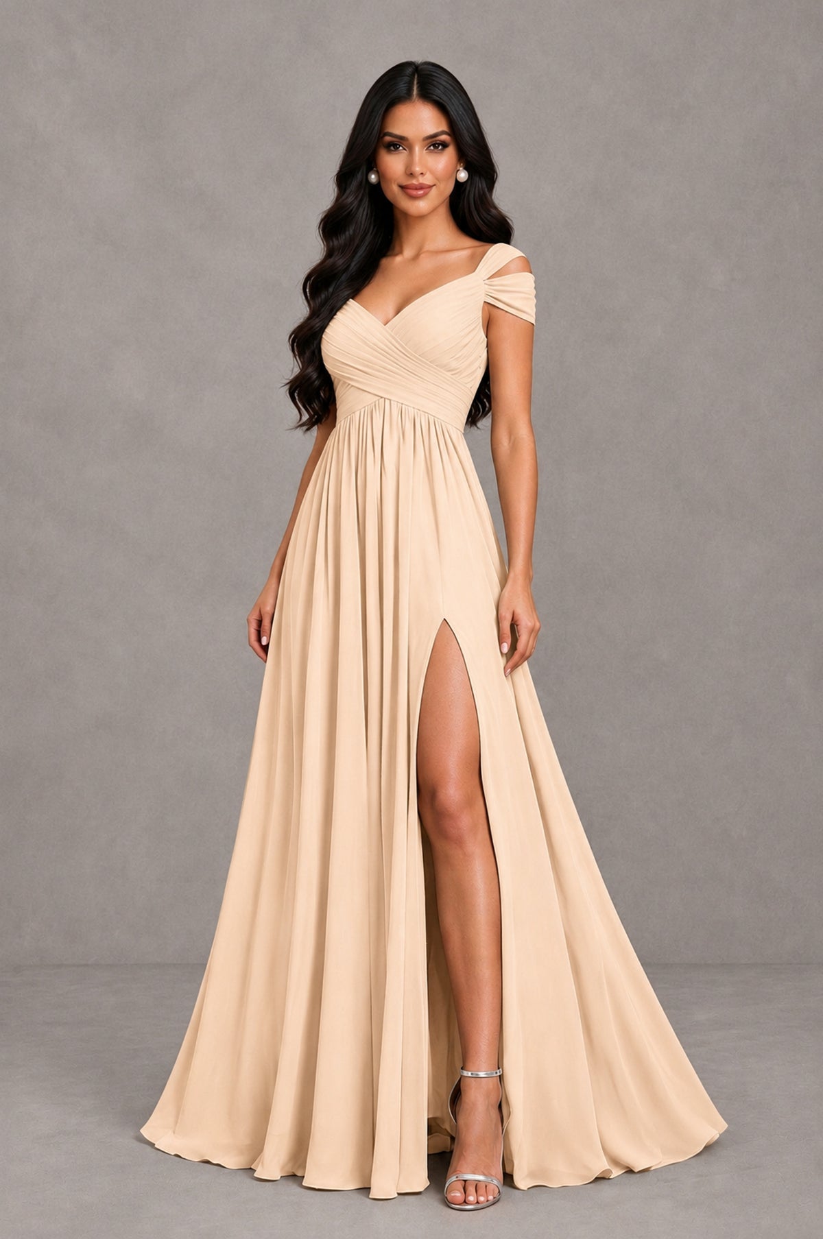 BOLODOO Champagne Cold Shoulder Chiffon Evening Dress with V Neck and High Slit - Champagne - Champagne_3