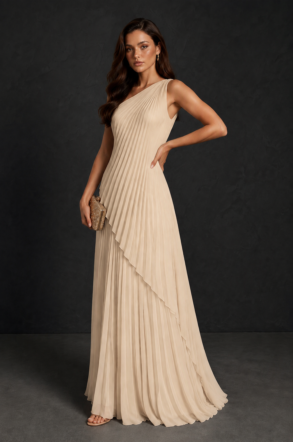 BOLODOO Champagne One-Shoulder Sunburst Pleated Asymmetric Layered Overlay Accordion Pleated Chiffon Maxi Dress - Champagne