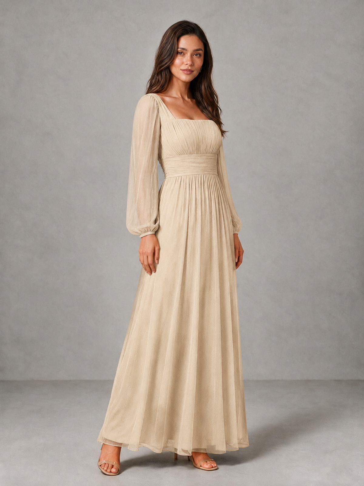 BOLODOO Champagne Square Neck Long Sleeve Chiffon Bridesmaid Dress - Champagne - Champagne_3