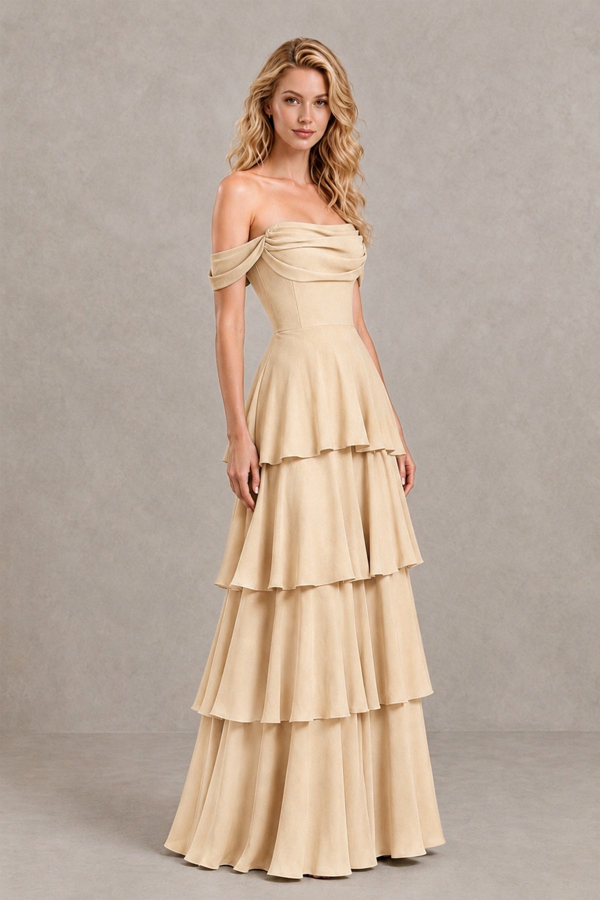 BOLODOO Champagne Off-the-Shoulder Tiered A-Line Evening Bridesmaid Dress - Champagne - Champagne_3