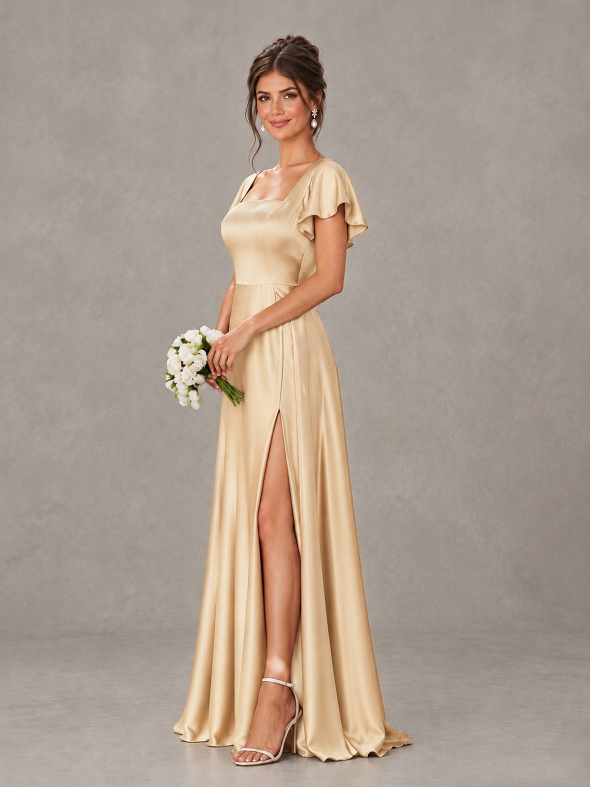 BOLODOO Champagne Satin Square Neck Flutter Sleeve A-Line Bridesmaid Dress with Slit - Champagne - Champagne_3