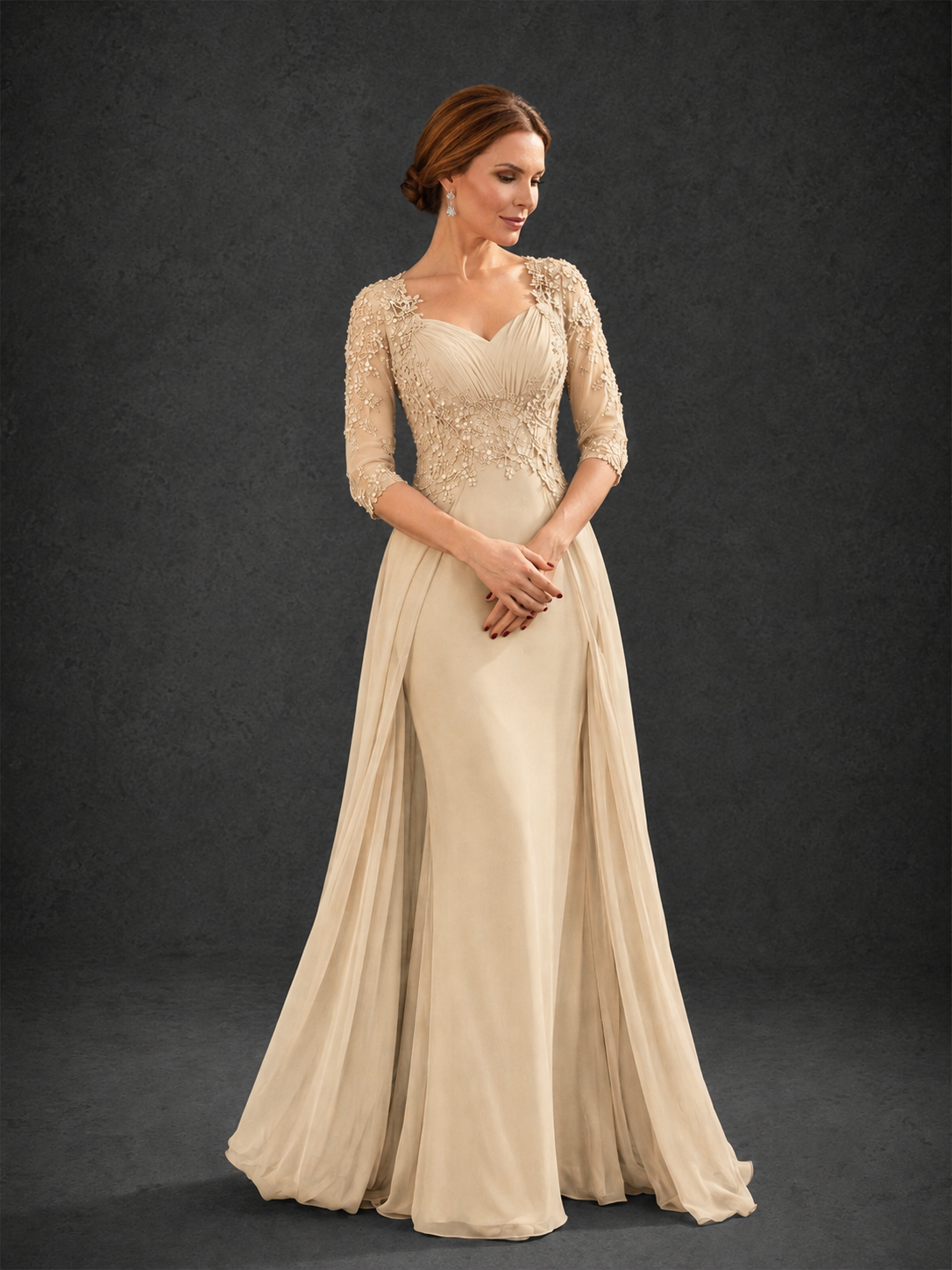 BOLODOO Champagne Sweetheart Neck 3/4 Sleeve Floral Lace Illusion Bodice Chiffon A-Line Gown - Champagne
