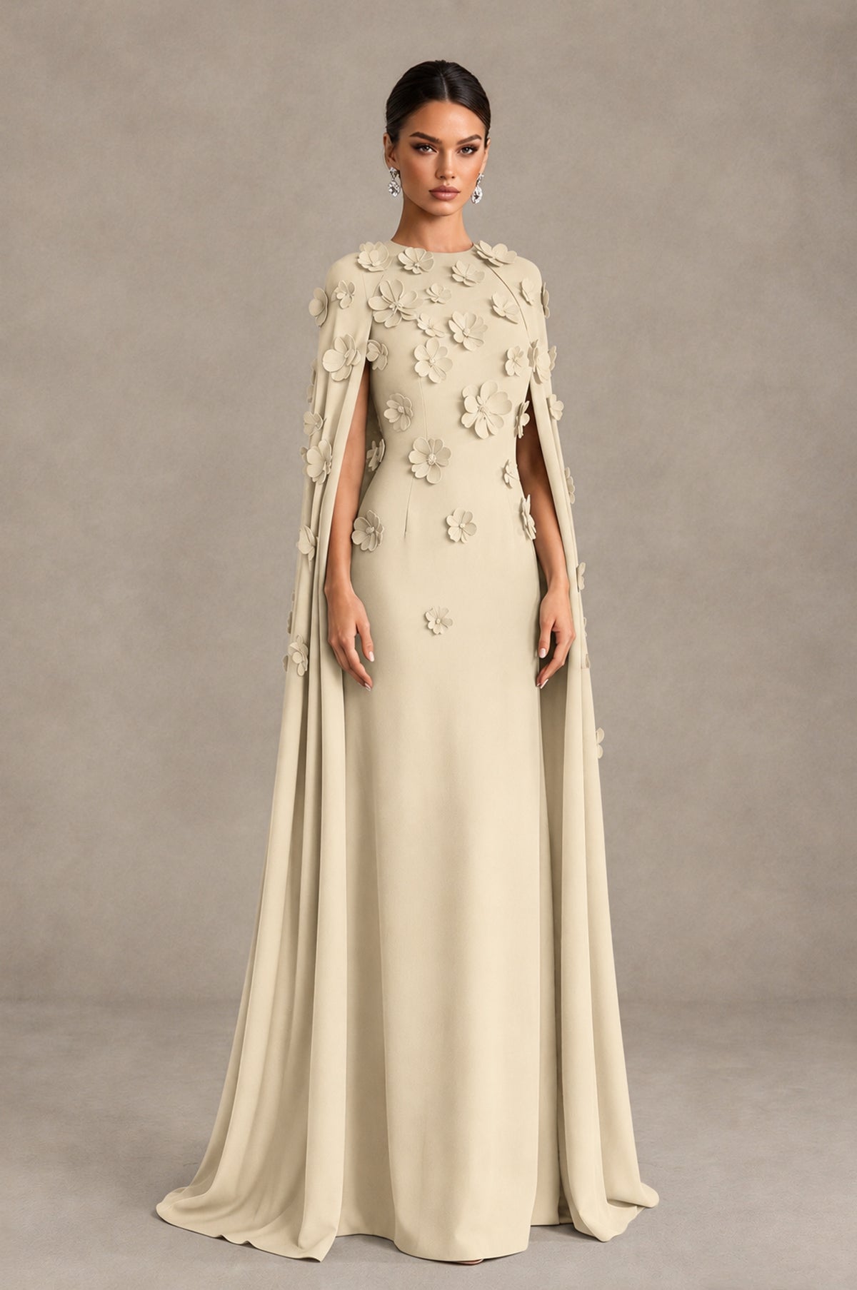 BOLODOO Champagne 3D Floral Applique Cape Formal Dress - Champagne - Champagne_3