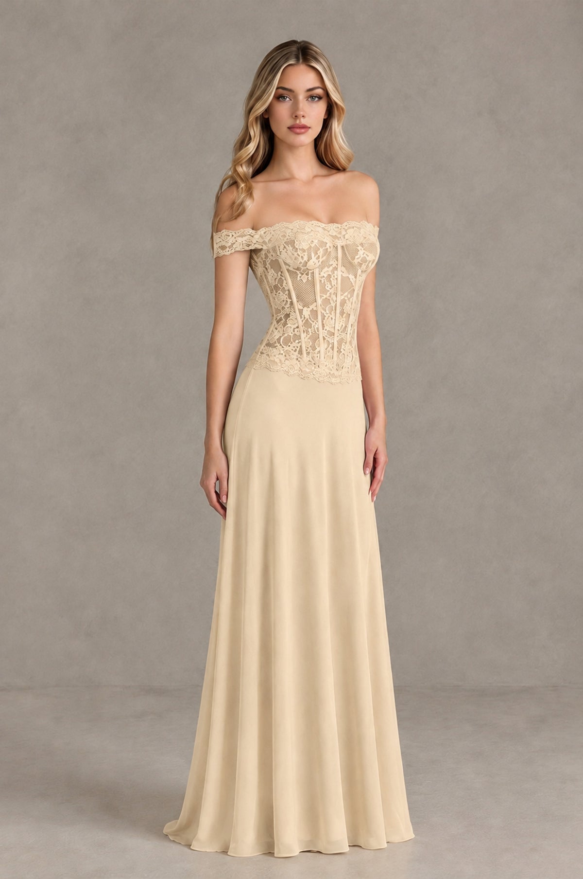 BOLODOO Champagne Off Shoulder Lace Corset Wedding Guest Dress - Champagne - Champagne_3