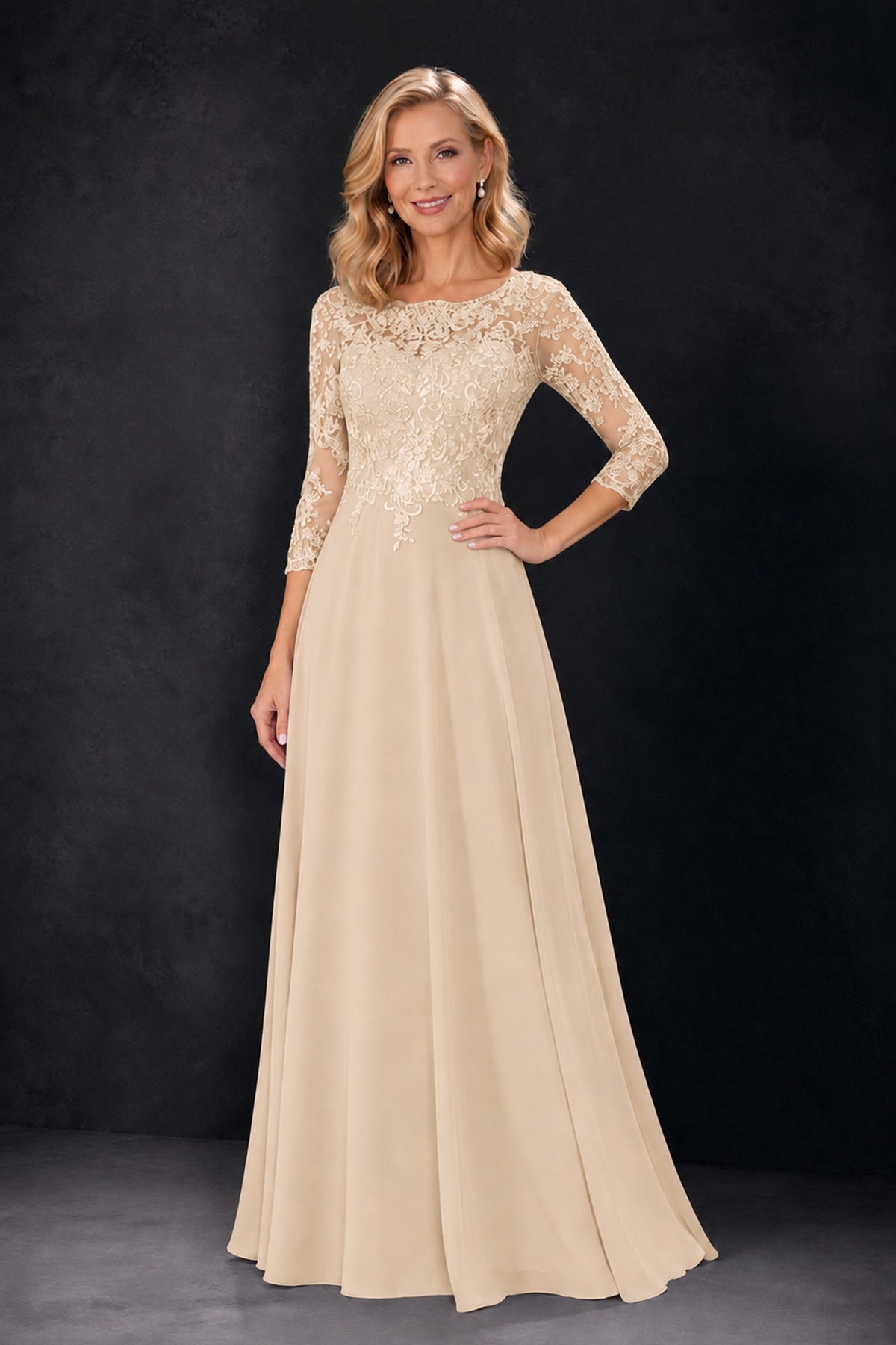 BOLODOO Champagne Lace Embroidered Mother of the Bride Dress with 3/4 Sleeves - Champagne