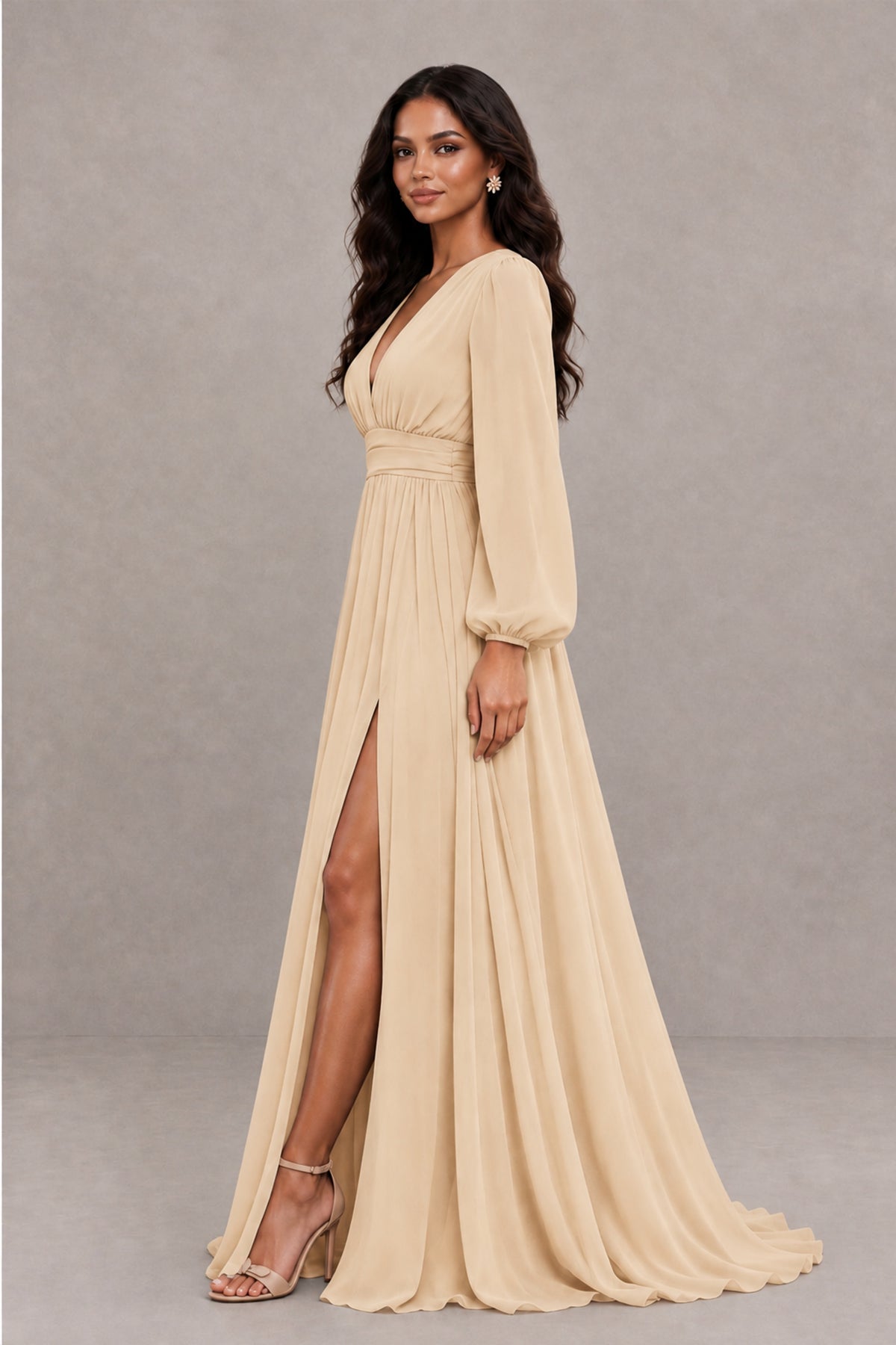 BOLODOO Champagne Long Sleeve V-Neck A-Line Gown with Open Back & Slit - Champagne - Champagne_3
