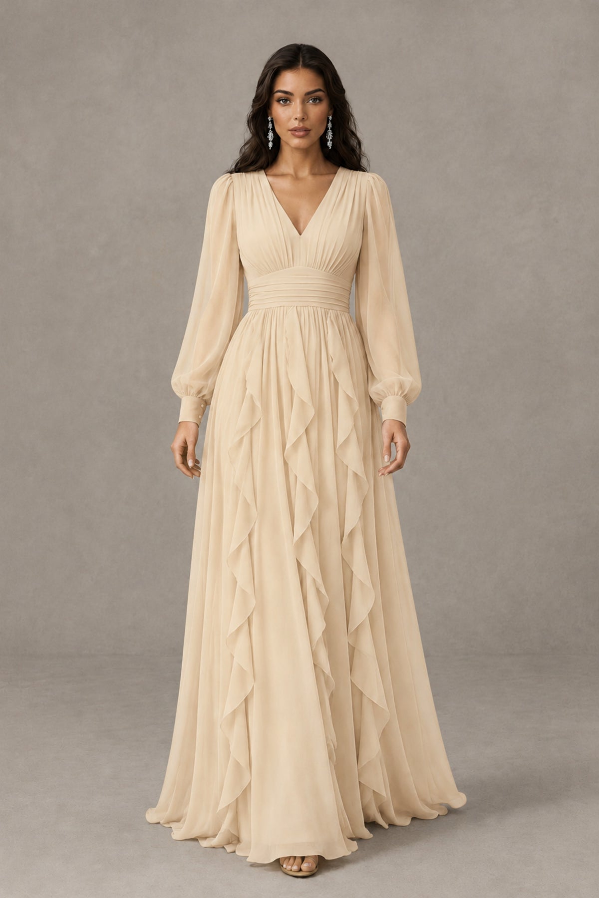 BOLODOO Champagne Long Sleeve V-Neck Ruffle Maxi Dress - Champagne