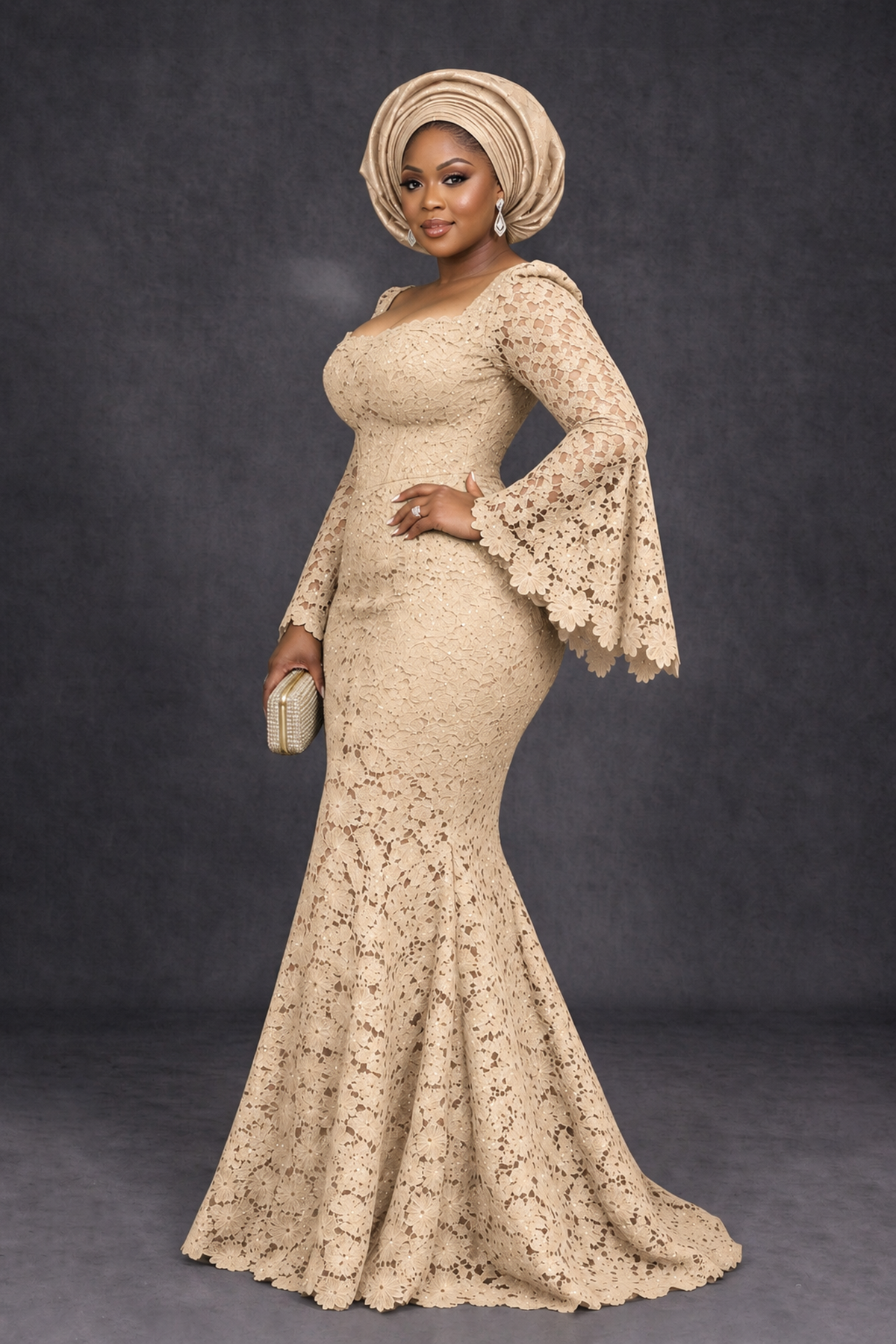 BOLODOO Champagne African Lace Mermaid Dress, Plus Size Nigerian Wedding Guest Gown with Bell Sleeves - Champagne - Champagne_3