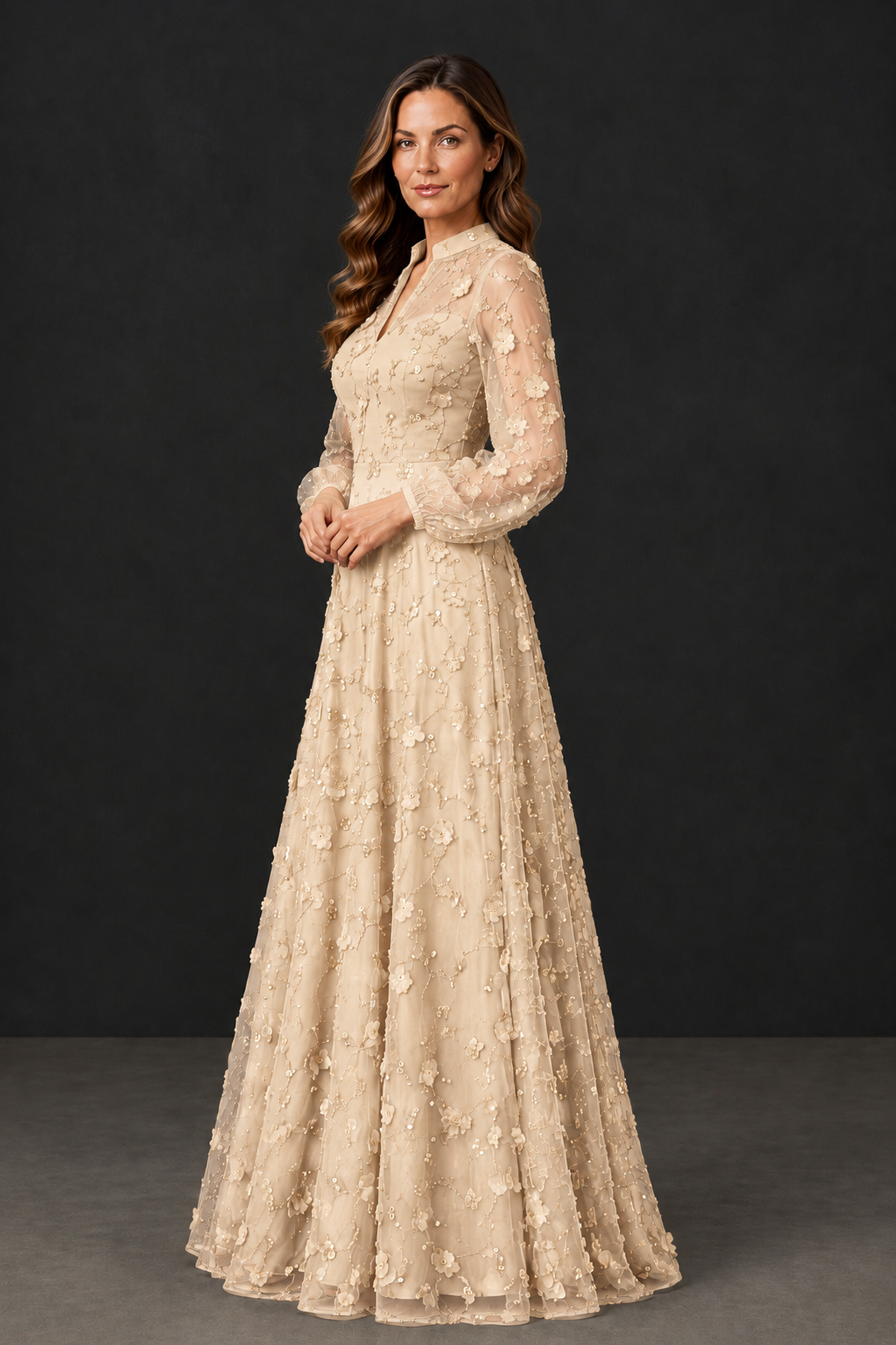 BOLODOO Champagne Long Sleeve Floral Mother of the Bride Dress - Champagne - Champagne_3