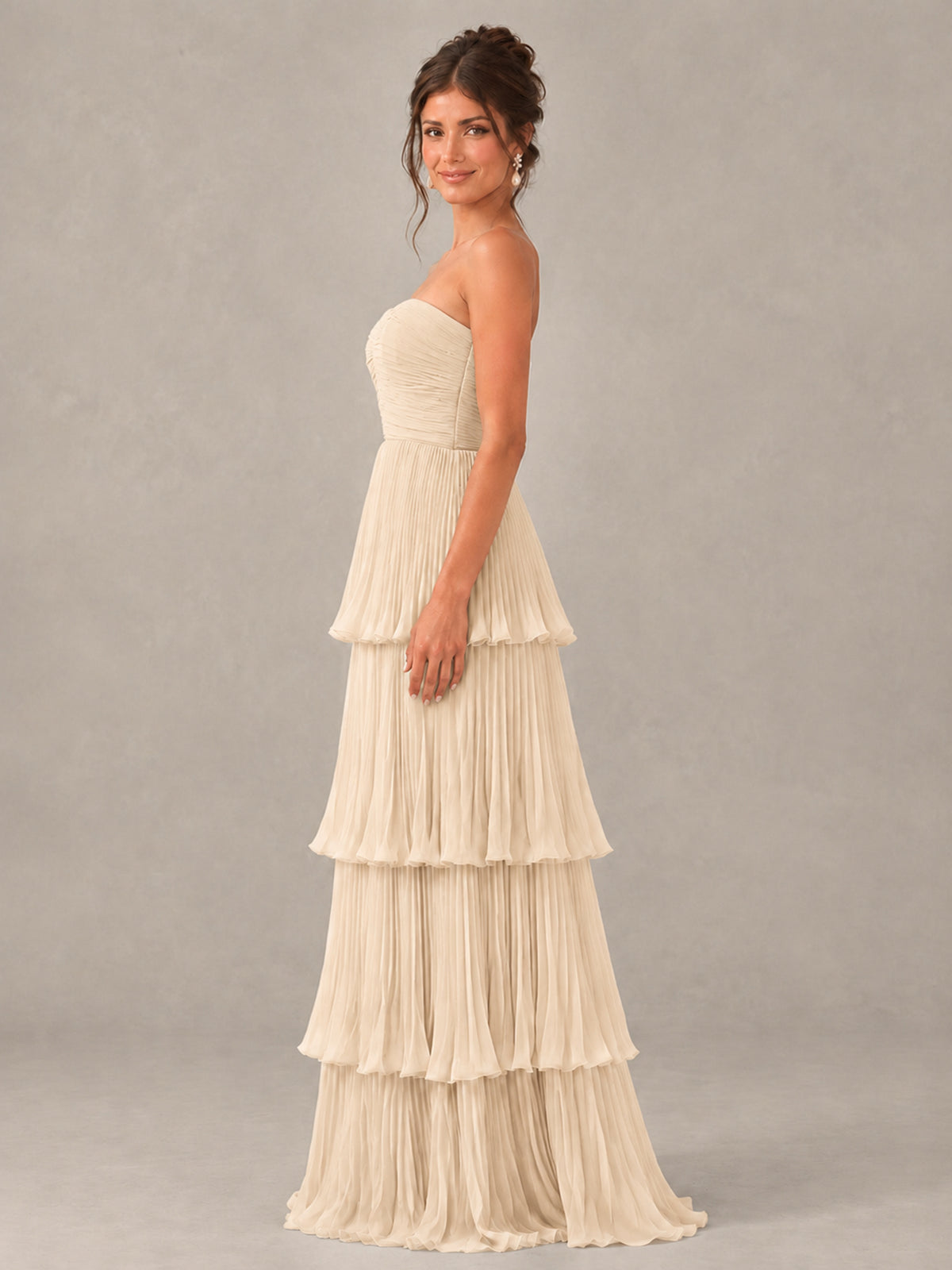 BOLODOO Champagne Strapless Tiered Pleated Bridesmaid Dress - Champagne - Champagne_3