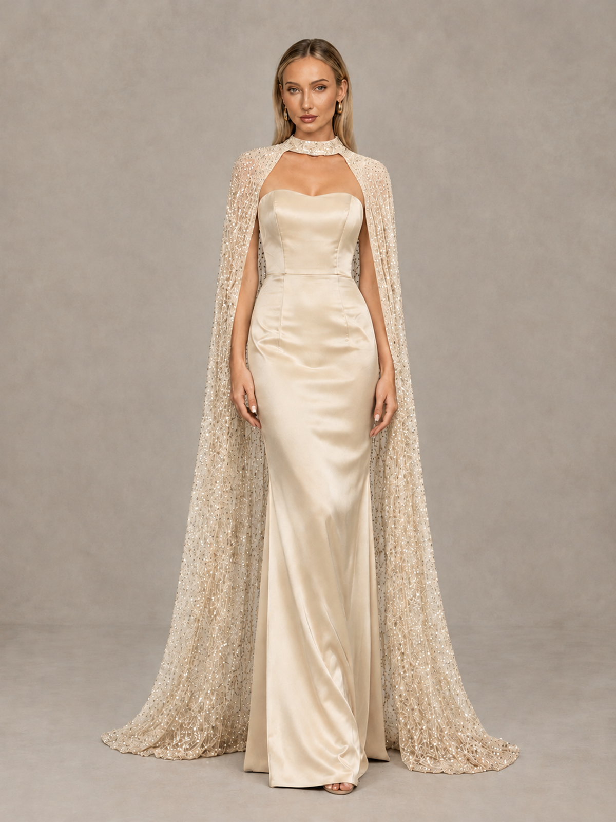 BOLODOO Champagne Strapless Satin-Look Evening Gown with Sequin Cape - Champagne - Champagne_3