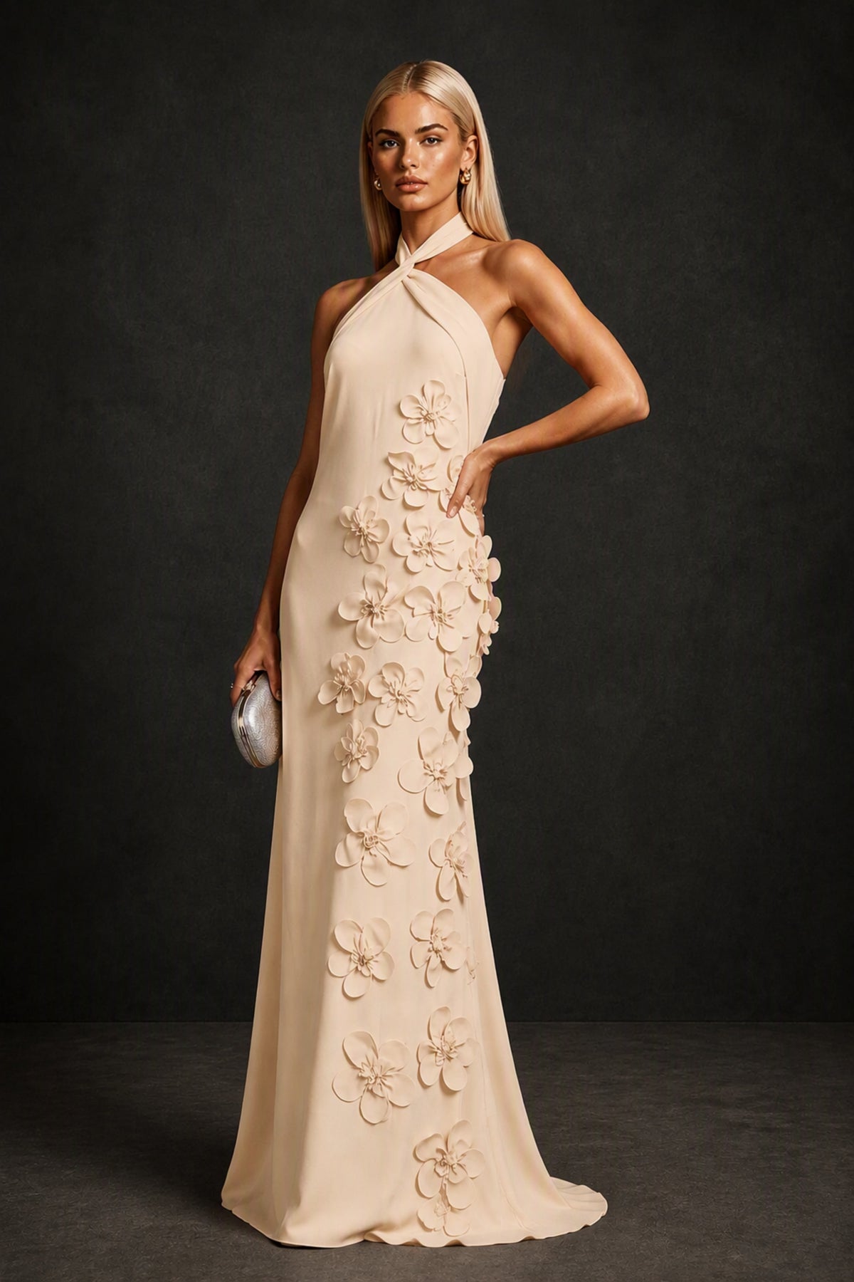 BOLODOO Champagne Cross Halter Neck 3D Floral Appliqué Backless Mermaid Maxi Gown - Champagne