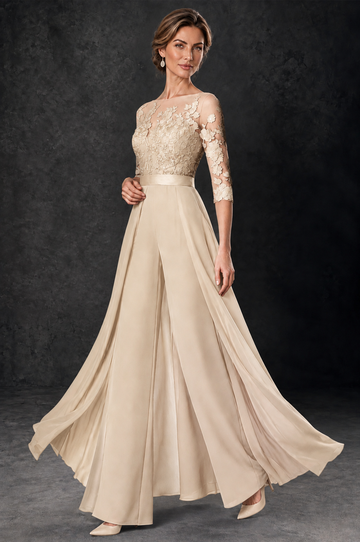 BOLODOO Champagne Lace Wide-Leg Jumpsuit with Three-Quarter Sleeves - Champagne - Champagne_3
