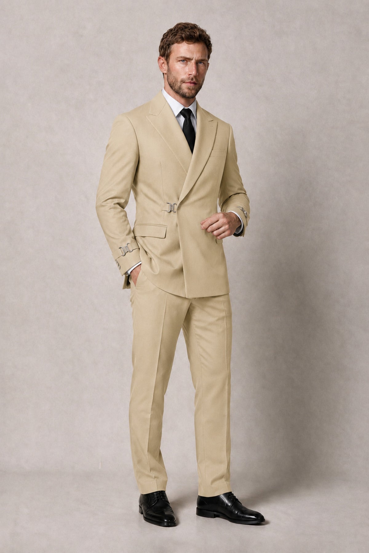 BOLODOO Men's Champagne Double-Breasted 2-Piece Suit Set – Blazer & Tailored Trousers - Champagne