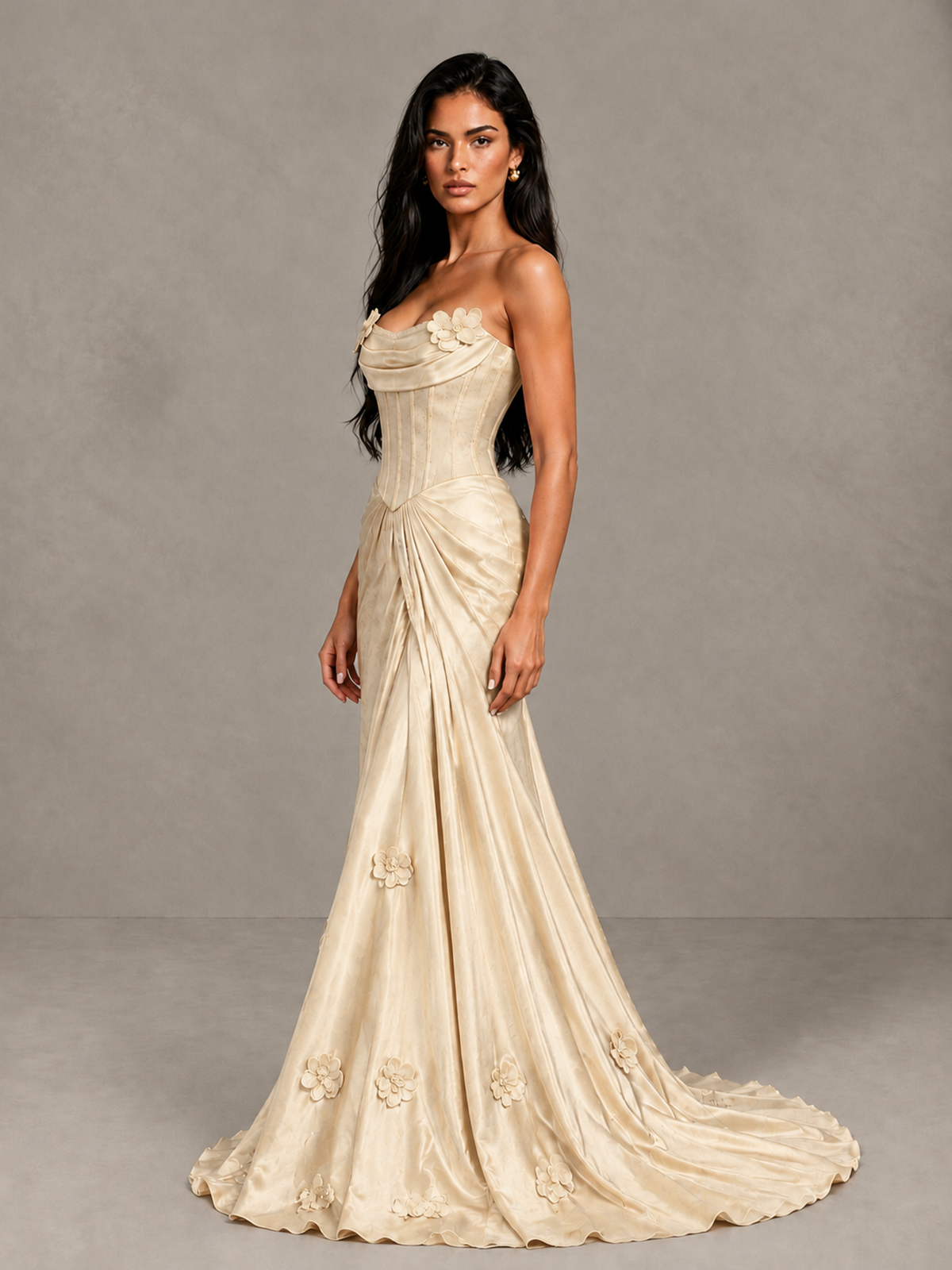 BOLODOO Champagne Strapless Floral Corset Evening Gown with Train - Champagne - Champagne_3