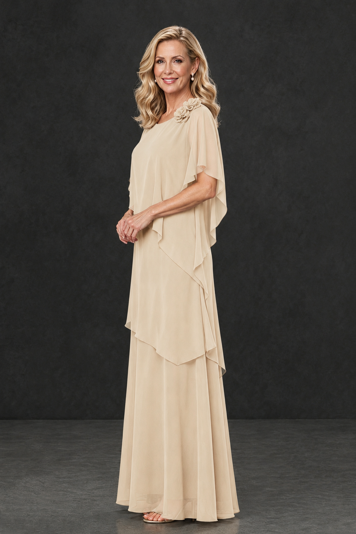 BOLODOO Champagne Tiered Flutter Sleeve Mother of the Bride Maxi Dress - Champagne - Champagne_3